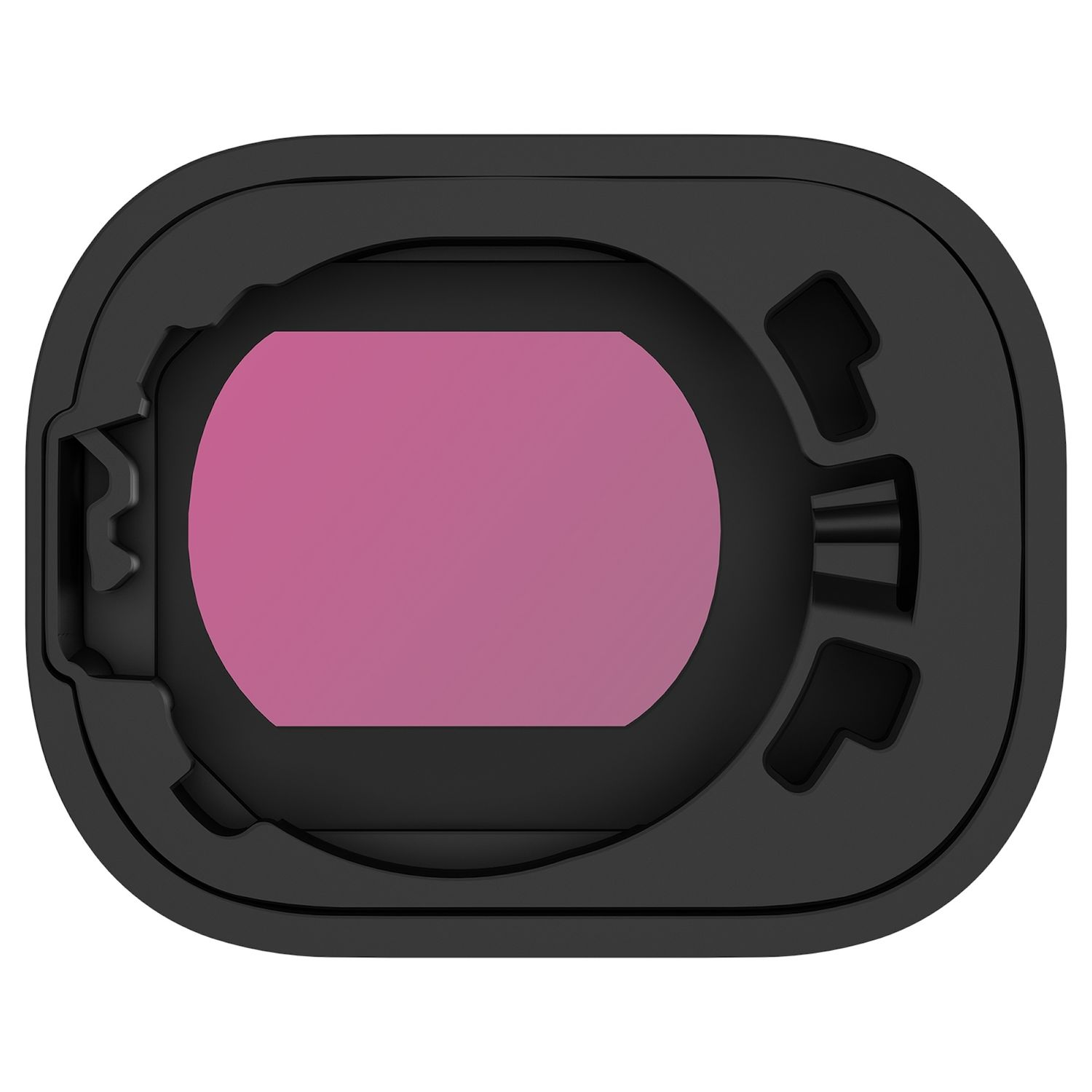 Protezione lente fotocamera rettangolare nera. L'obiettivo è rosa.