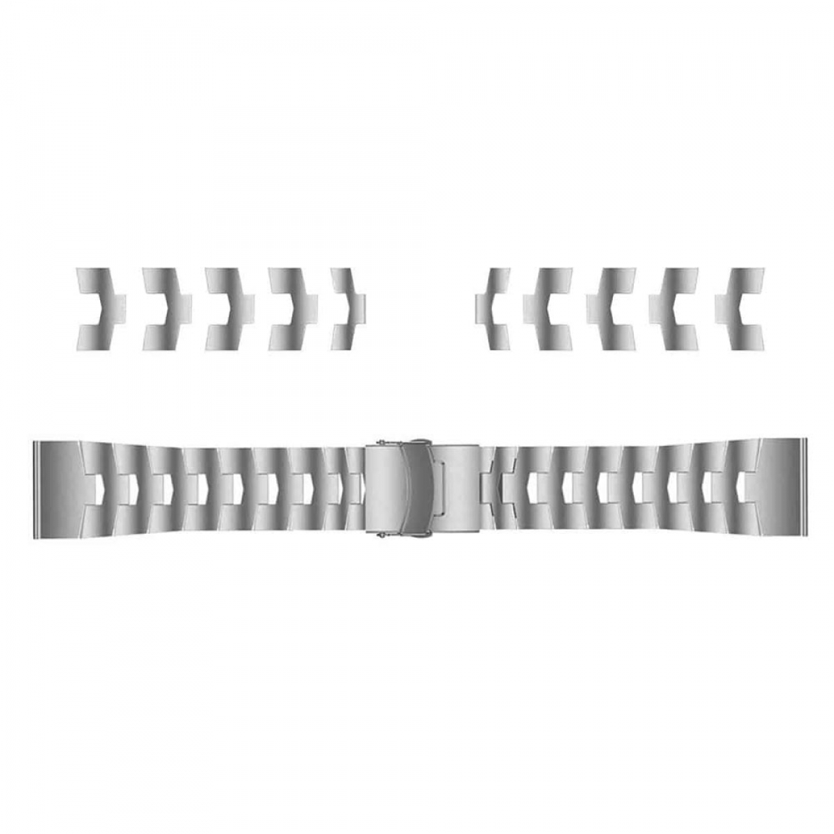 Silbernes Uhrenarmband mit entfernbaren Gliedern, vor weißem Hintergrund ausgelegt.