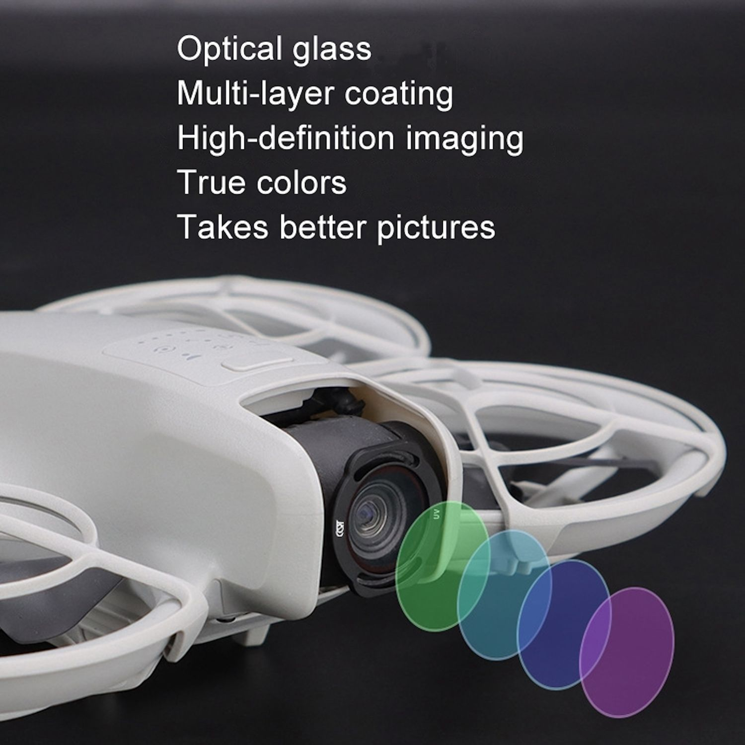 Un drone bianco con filtri colorati e testo che ne descrive le caratteristiche.