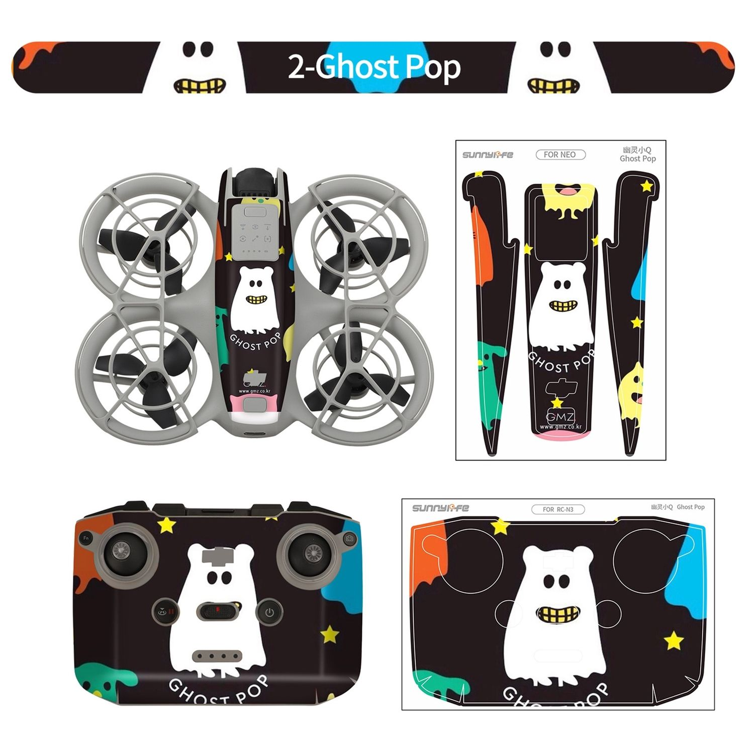 Drone e accessori con design a fantasma. Include drone, telecomando e adesivi.