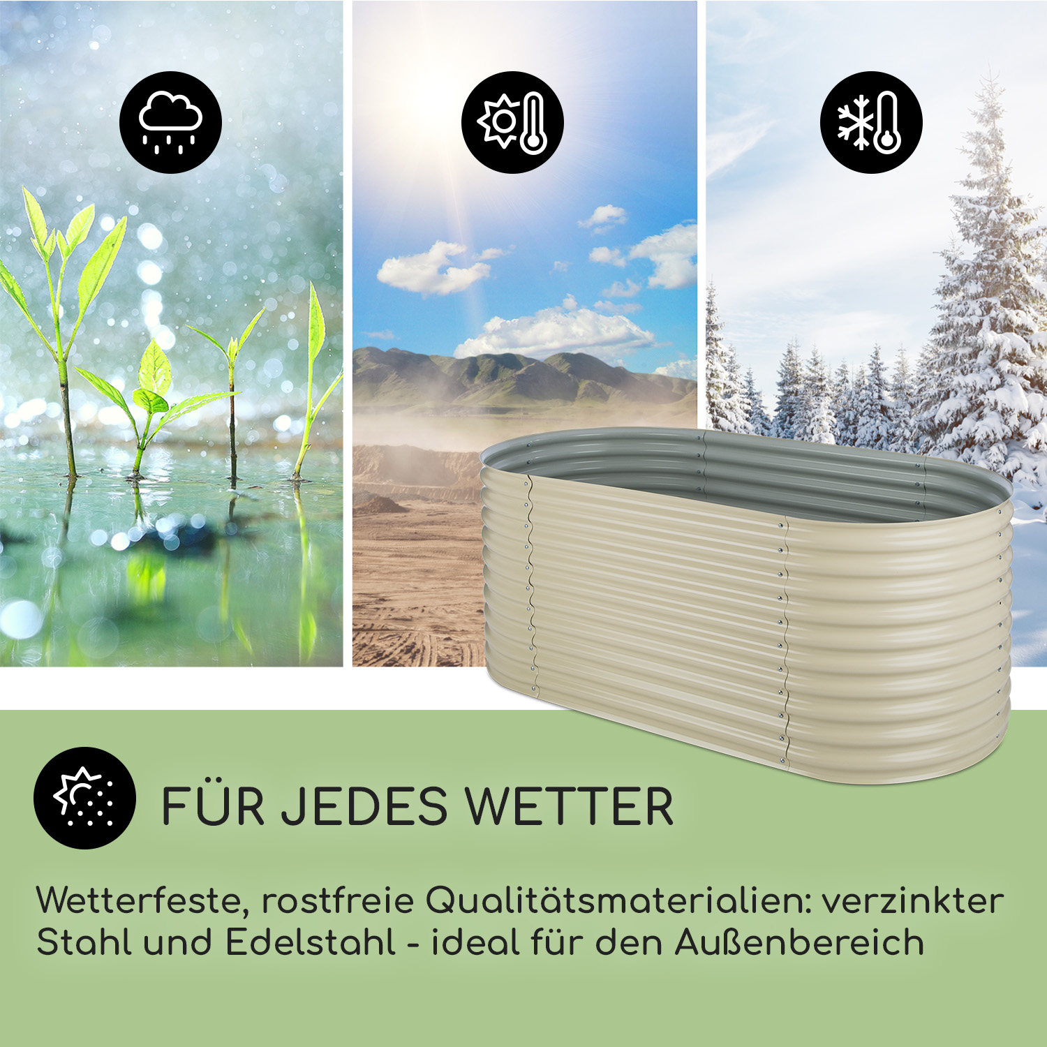 Ein Metall-Gartenbeet mit Wetter-Symbolen von Regen, Sonne und Schnee.