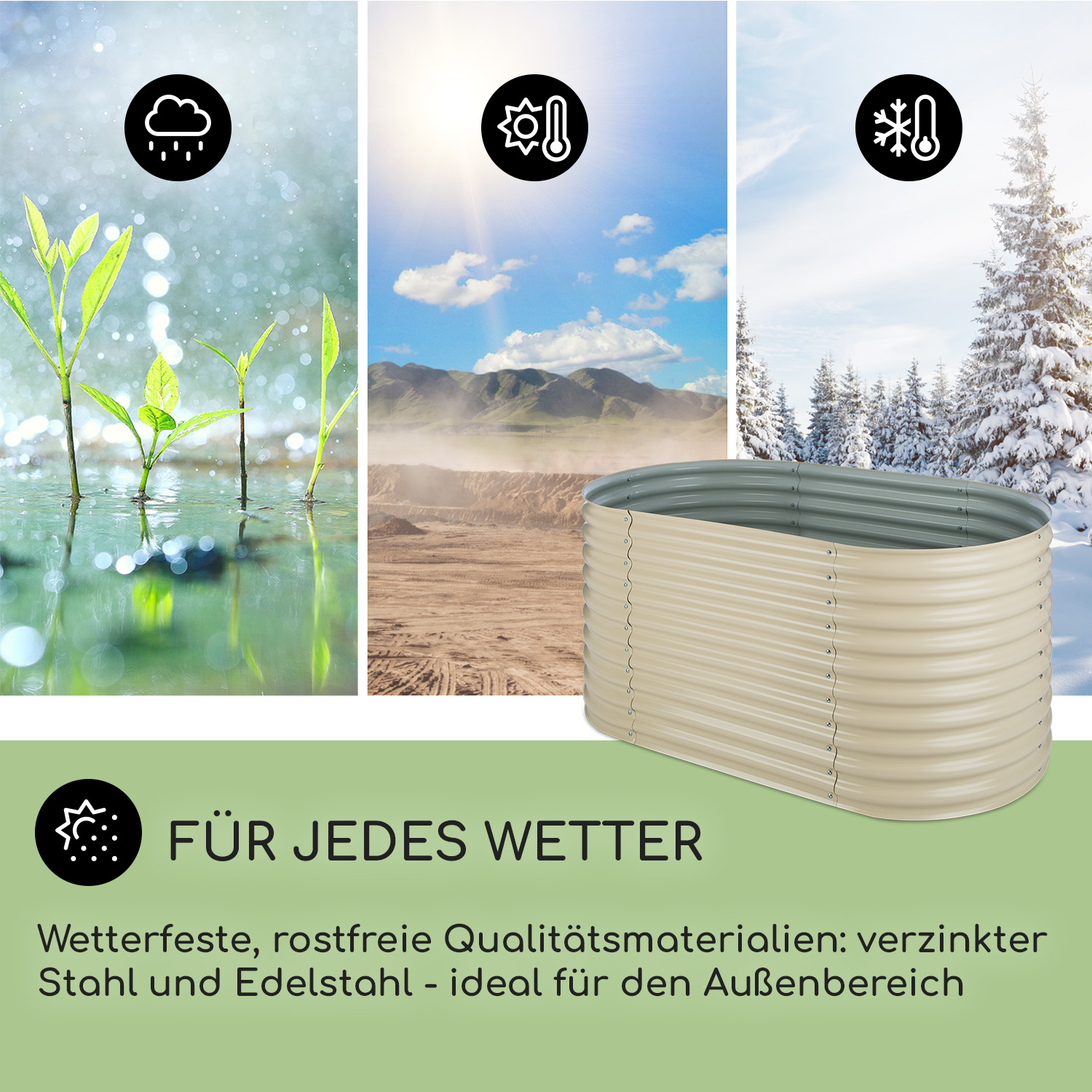 Ein metallenes Hochbeet mit drei Wettersymbolen, die sonnige, regnerische und schneereiche Bedingungen veranschaulichen.