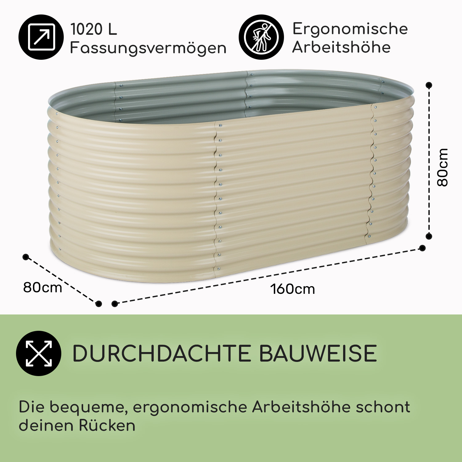 Ein beiges, ovales, erhöhtes Gartenbeet mit beschrifteten Abmessungen. Es hat ein schwarzes Textetikett.