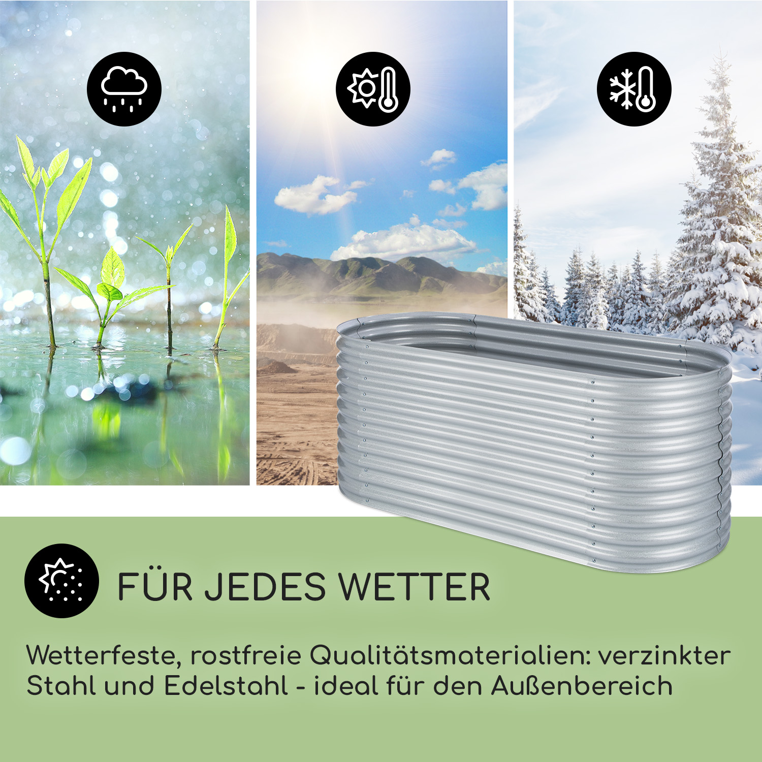 Ein Hochbeet mit Wetter-Symbolen: Regen, Sonne und Schnee. Text: 'Für jedes Wetter'.