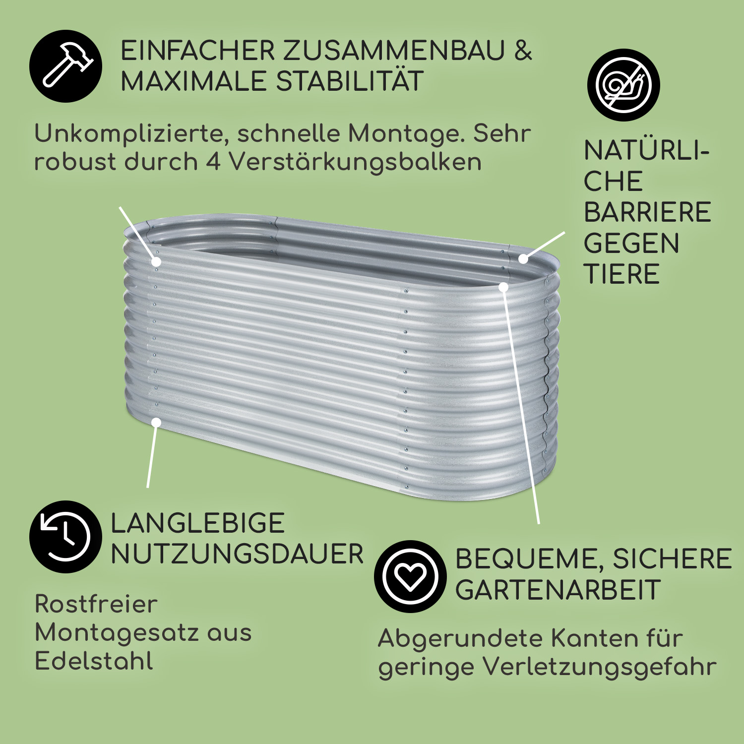 Silbernes Metall-Gartenbeet mit Textbeschriftungen. Es hat abgerundete Ecken.