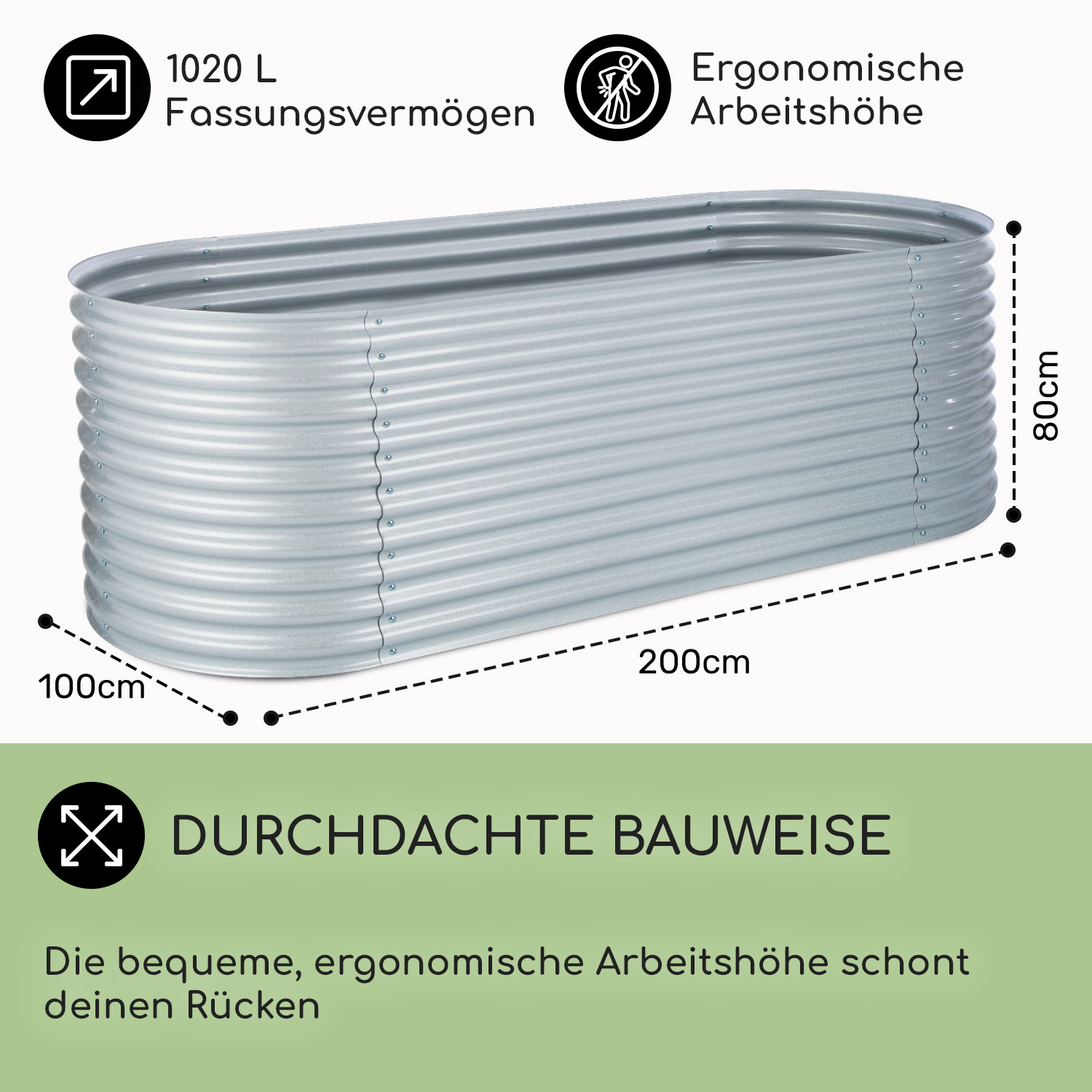Silbernes Metall-Hochbeet, rechteckig, mit beschrifteten Abmessungen. Text auf Deutsch.