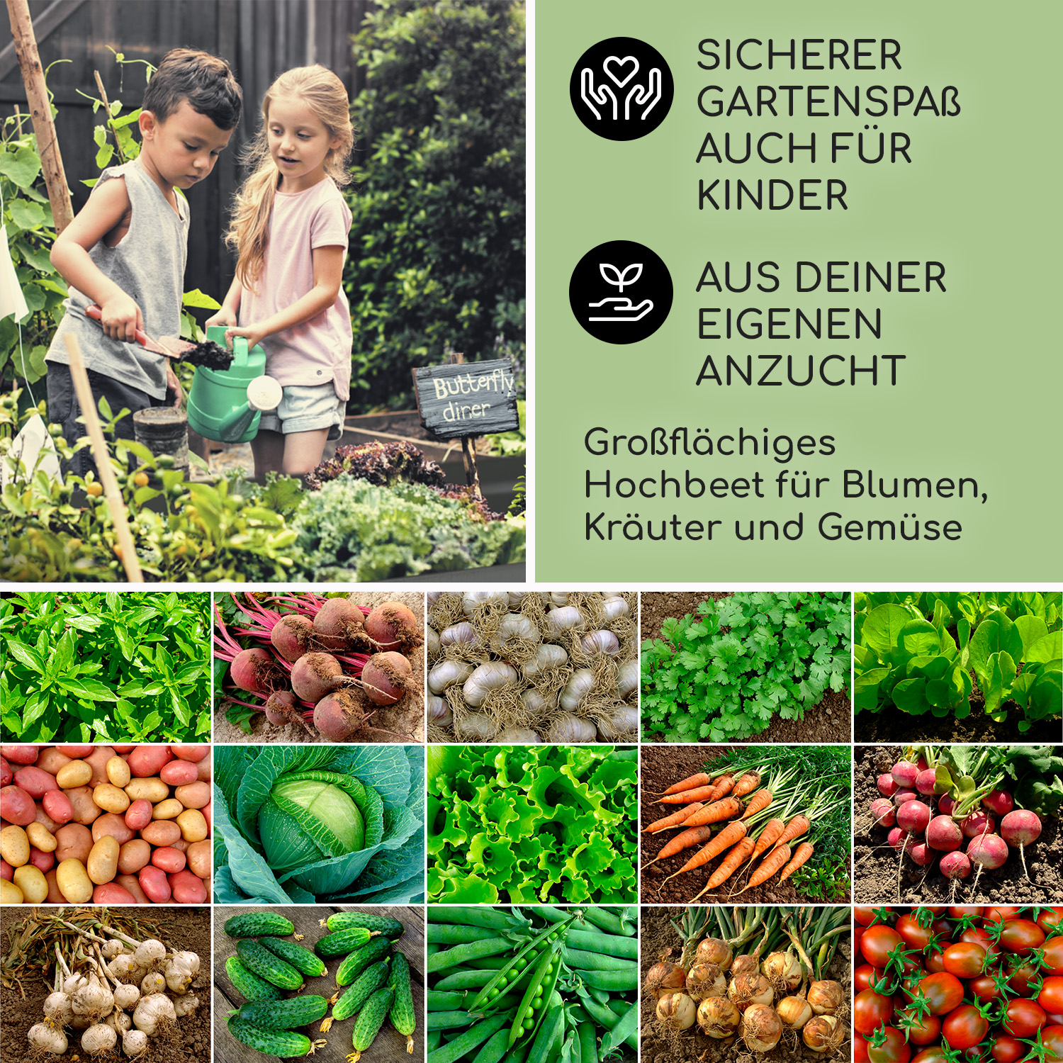 Kinder pflegen einen Garten mit Gemüse und Informationen zum Gärtnern für Kinder.