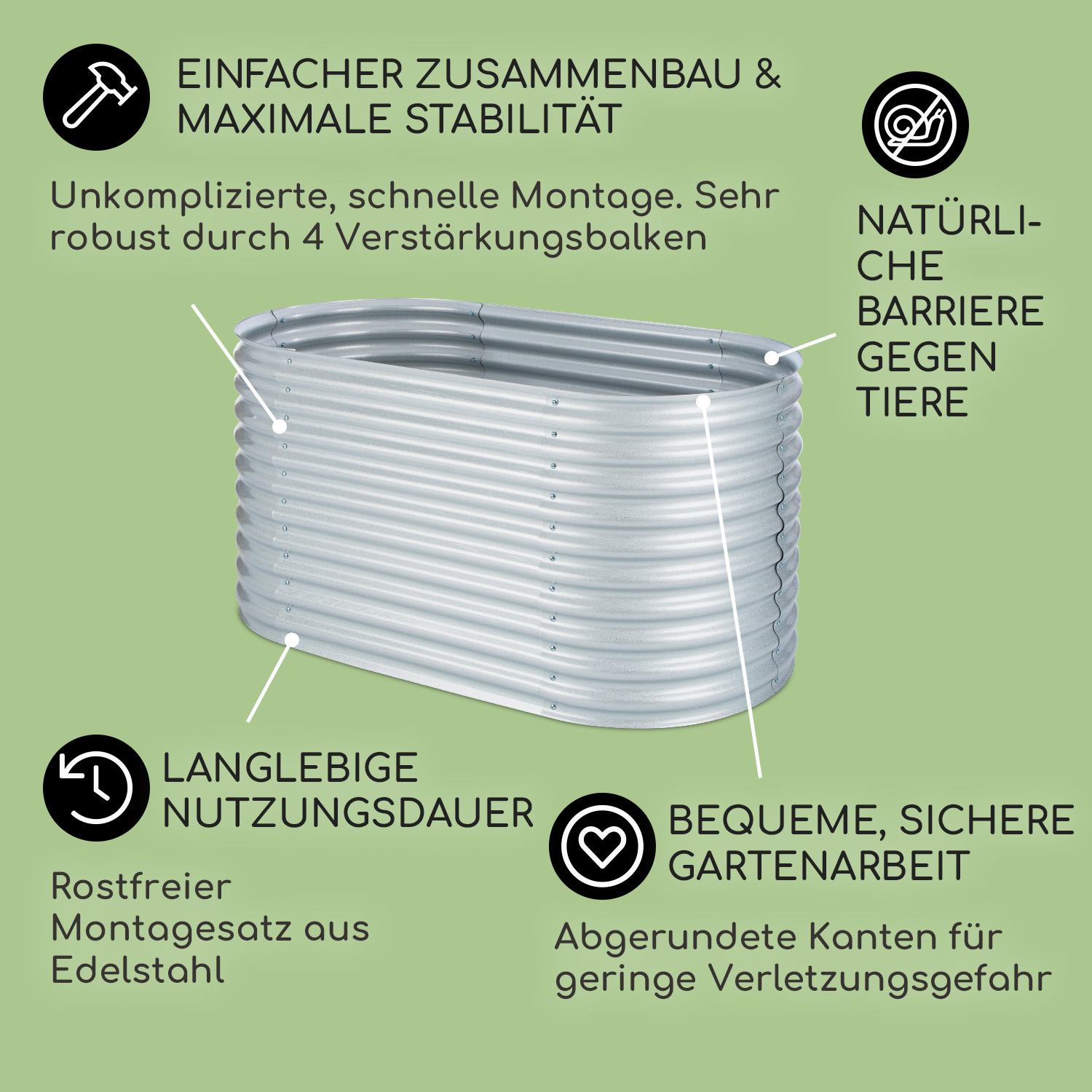 Erhöhtes Gartenbeet aus Metall. Text und runde Symbole auf der Oberfläche. Silberne Farbe.