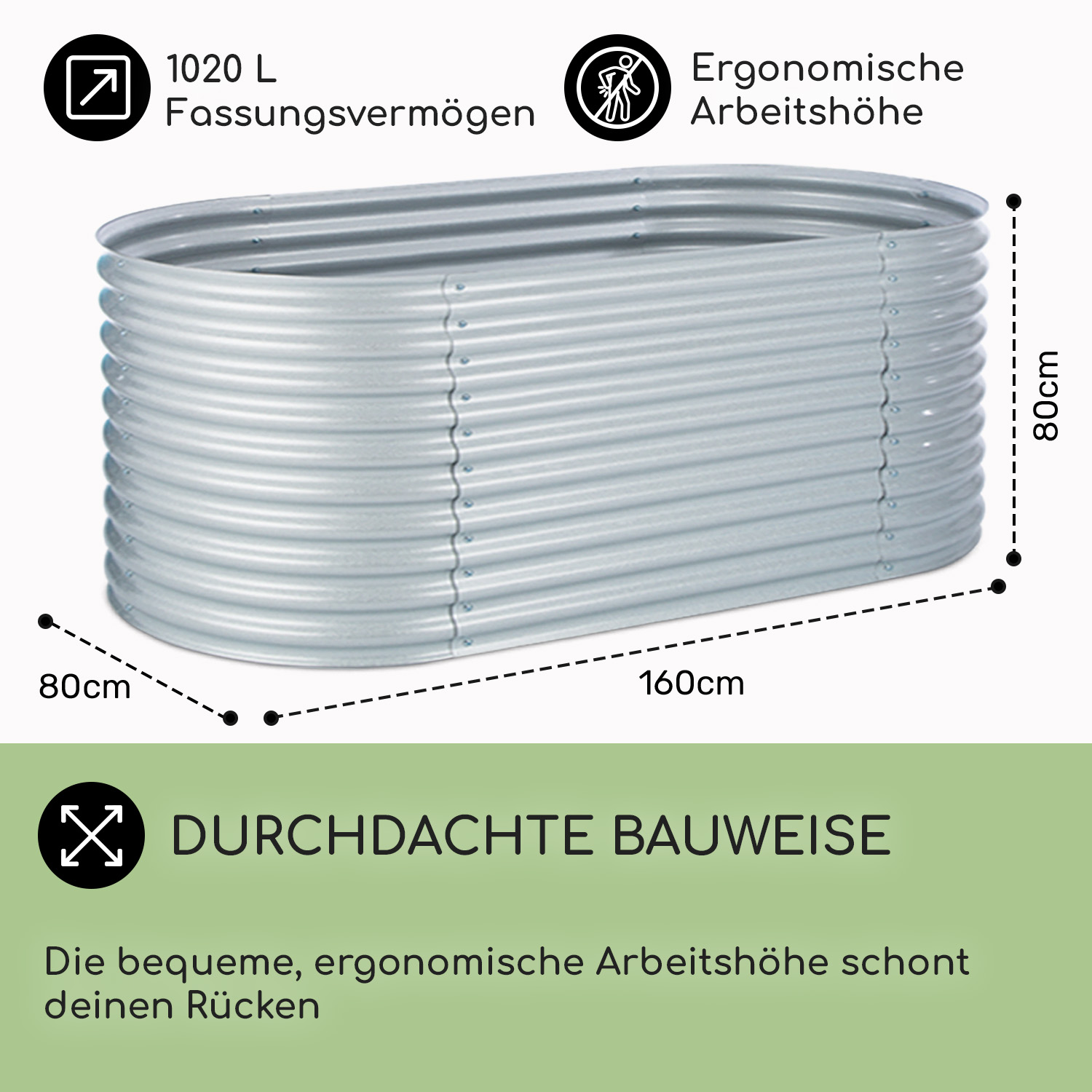 Ein silbernes, erhöhtes Gartenbeet mit Maßen und Text zur ergonomischen Höhe.