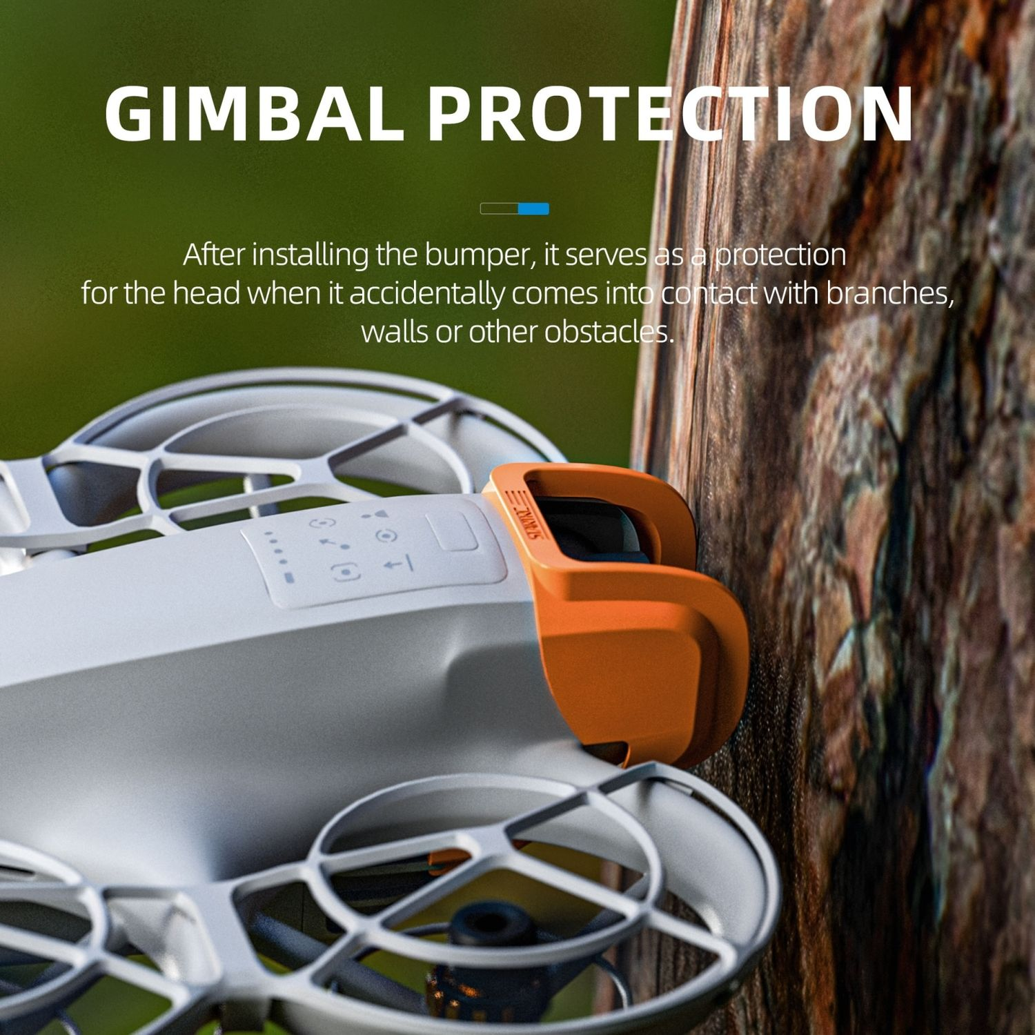 Un drone con protezione cardanica arancione, montato su un albero. Testo: Protezione cardanica.