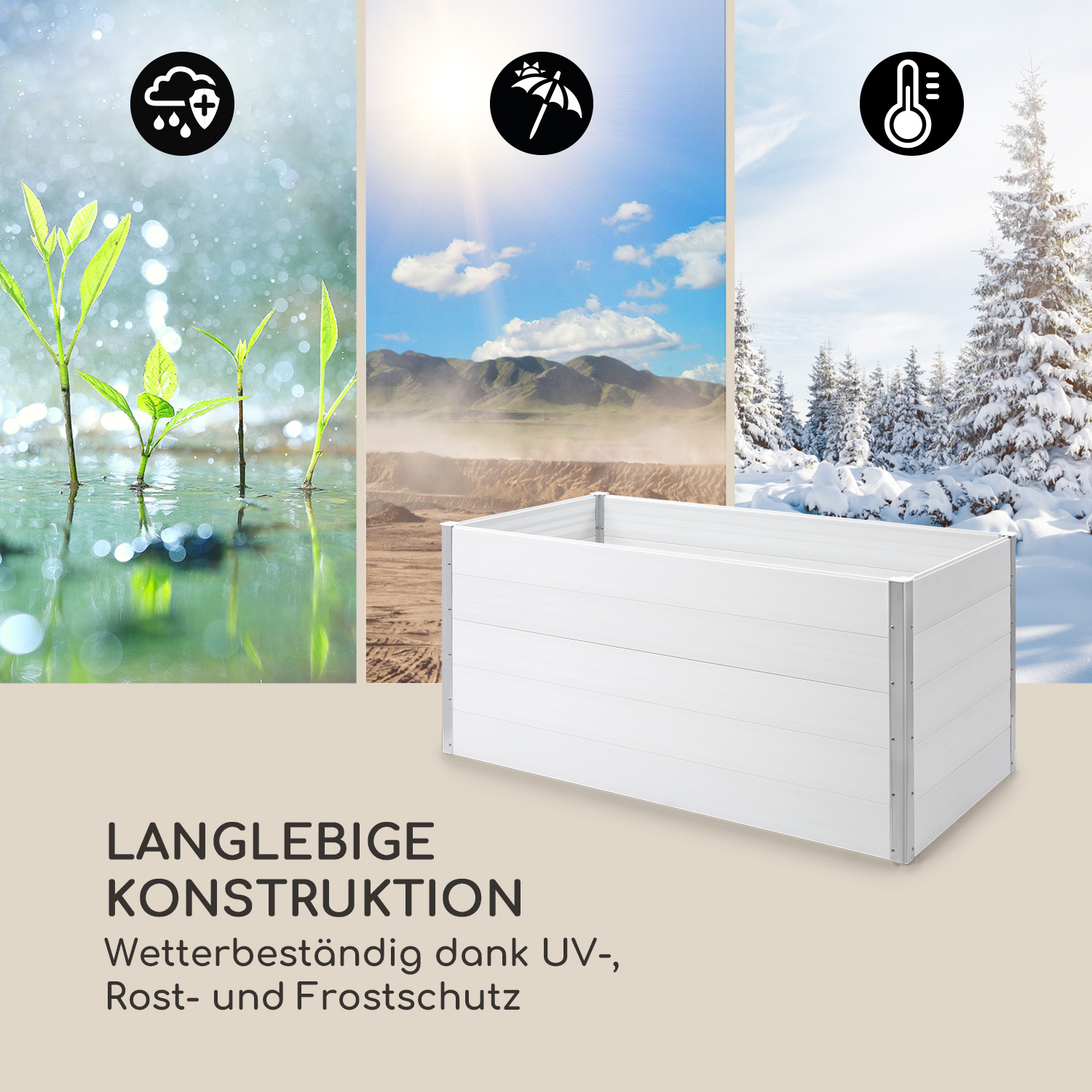 Bild zeigt einen weißen Pflanzkübel bei verschiedenen Wetterbedingungen: Regen, Sonne und Schnee. Text wirbt für eine robuste Konstruktion.
