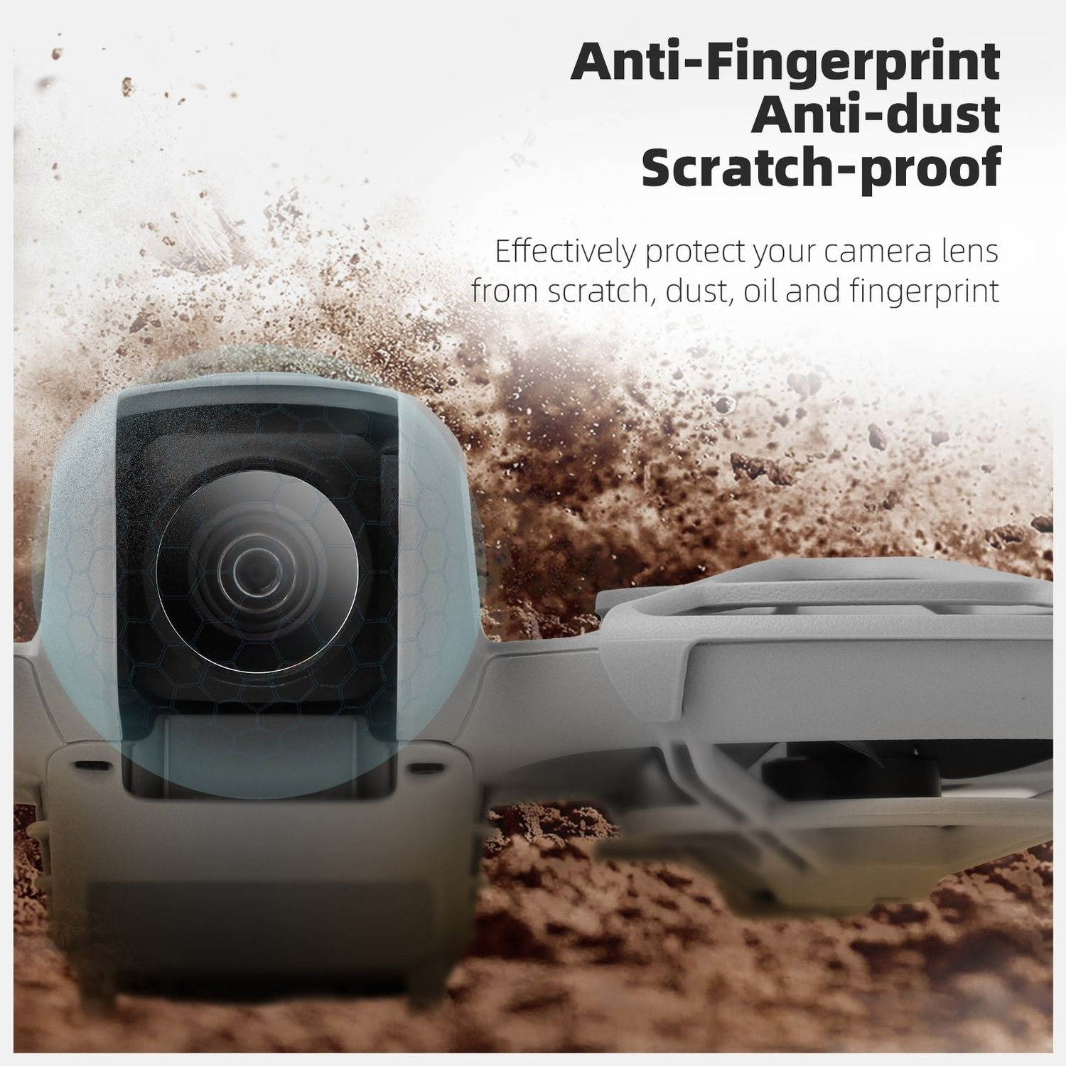 Primo piano dell'obiettivo della fotocamera del drone. Sporco e detriti sullo sfondo.