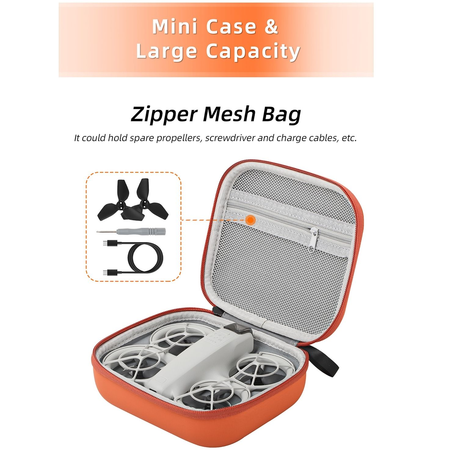 Ein orangefarbener Drohnenkoffer, geöffnet, um eine Drohne und Zubehör zu zeigen. Text: 'Mini Case & Large Capacity'.