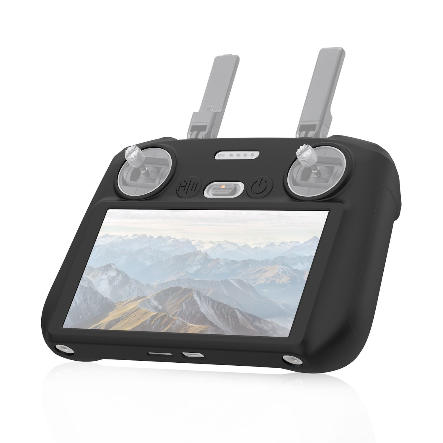 Un telecomando per droni nero con uno schermo che mostra una vista sulle montagne; sfondo bianco.