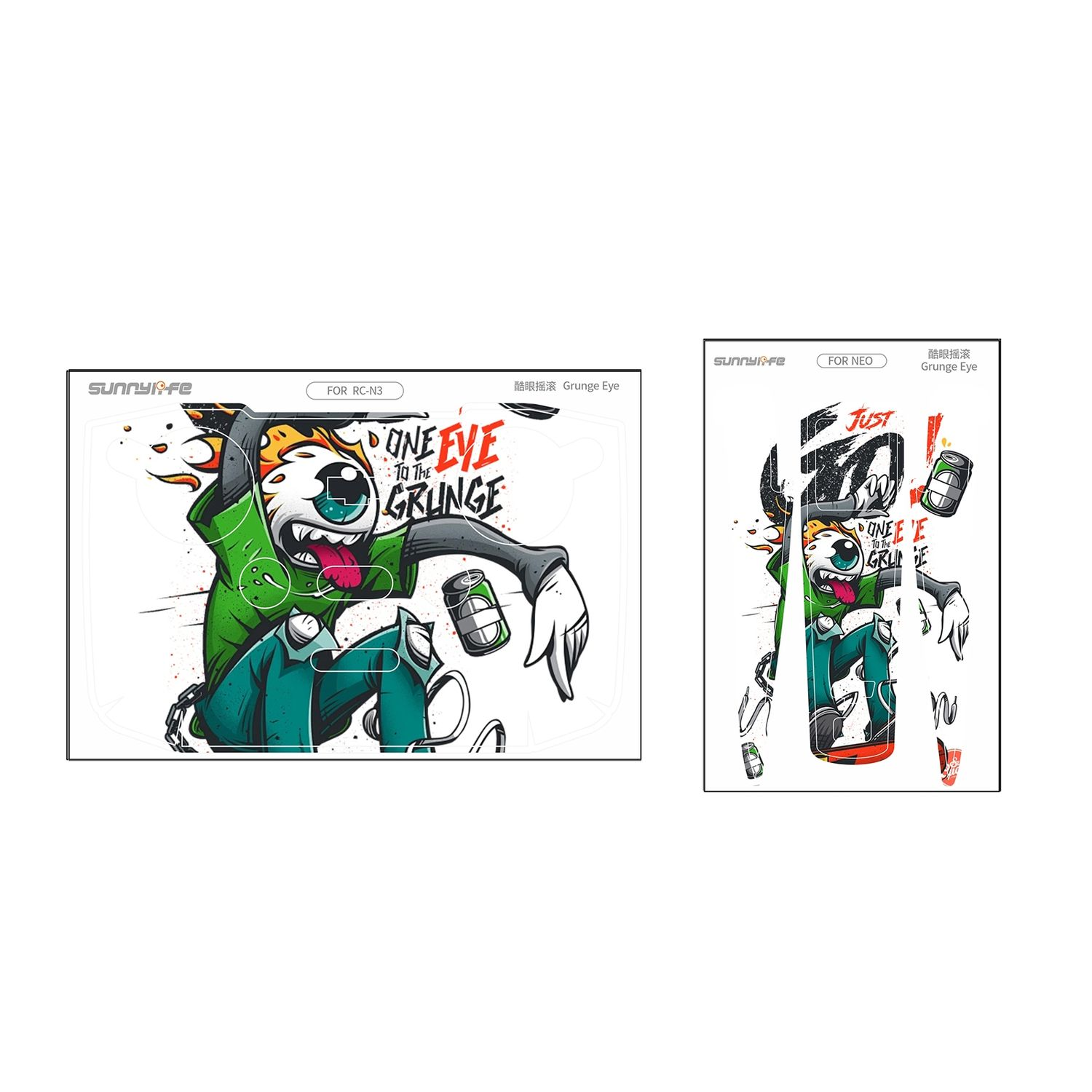 Zwei bunte Aufkleber mit Cartoon-Kunst. Einer zeigt einen grün gekleideten Charakter.