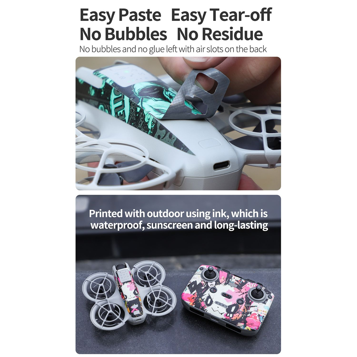 Drone con skin colorata, stampato con inchiostro. Facile da applicare e rimuovere, senza residui.