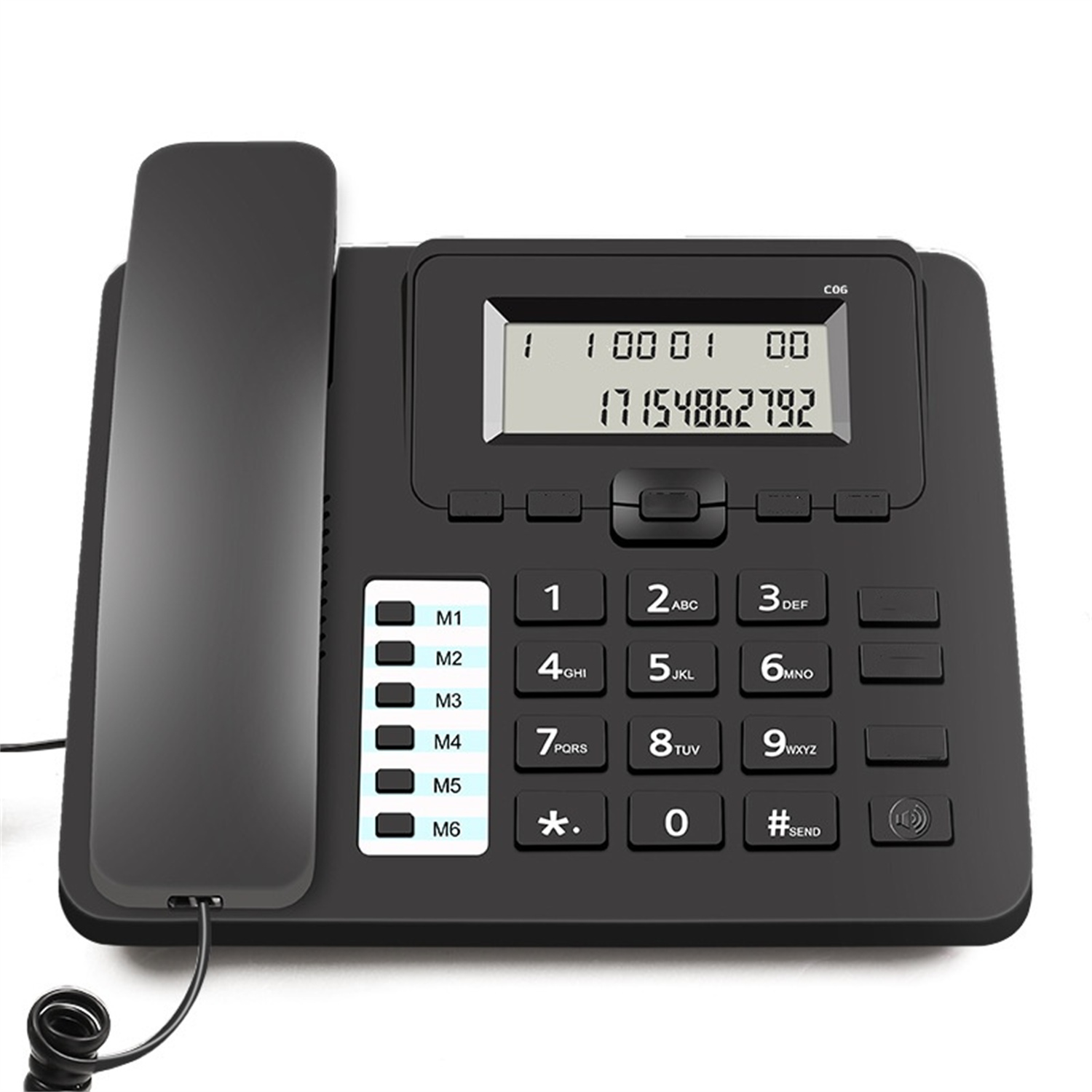 Ein schwarzes Tischtelefon mit Tasten und Digitalanzeige, die eine Telefonnummer zeigt.