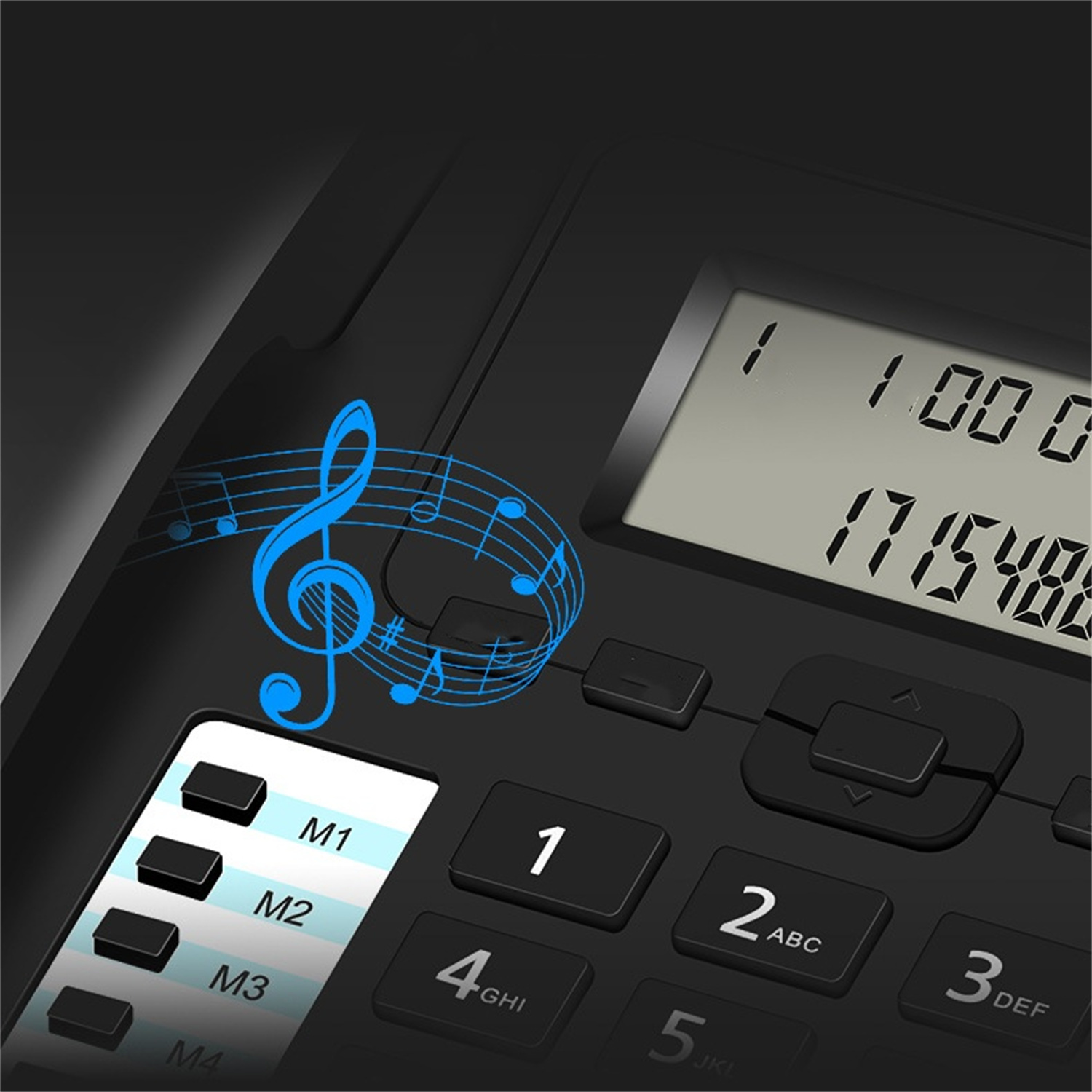 Schwarze Telefontastatur mit Noten und Display.