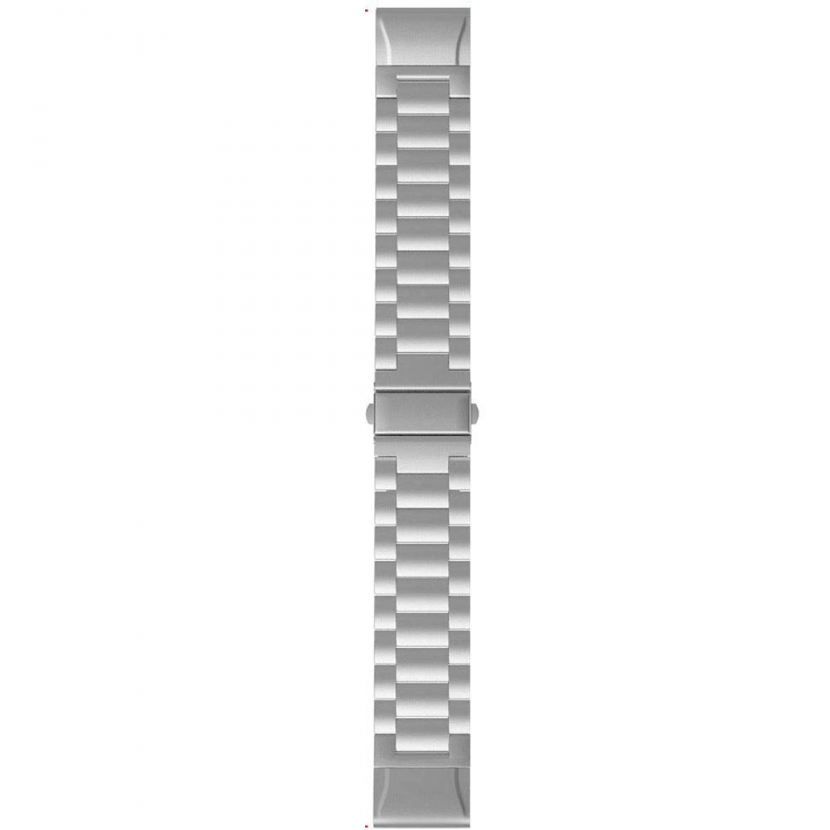 Silbernes Uhrenarmband. Es hat einen Metallverschluss. Das Band ist gerade und hat mehrere Glieder.