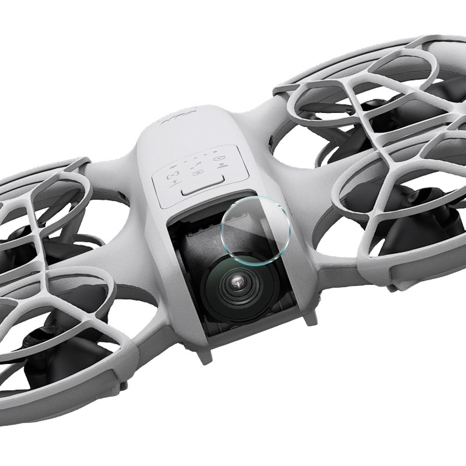 Drone bianco con fotocamera. Ha una copertura trasparente dell'obiettivo. Isolato su sfondo bianco.