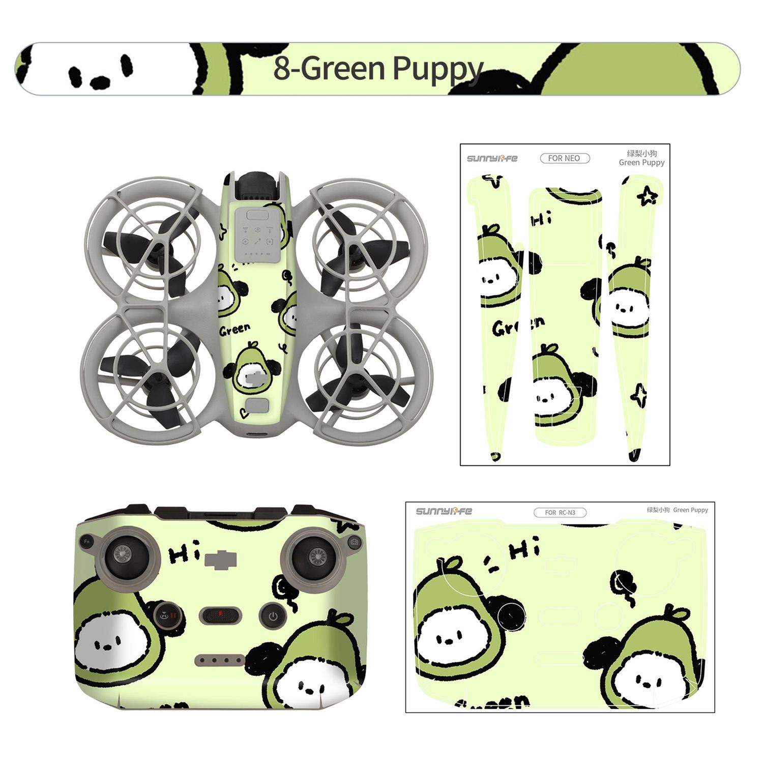 Un drone e accessori con un design a cucciolo verde su sfondo bianco. Il drone ha quattro eliche.