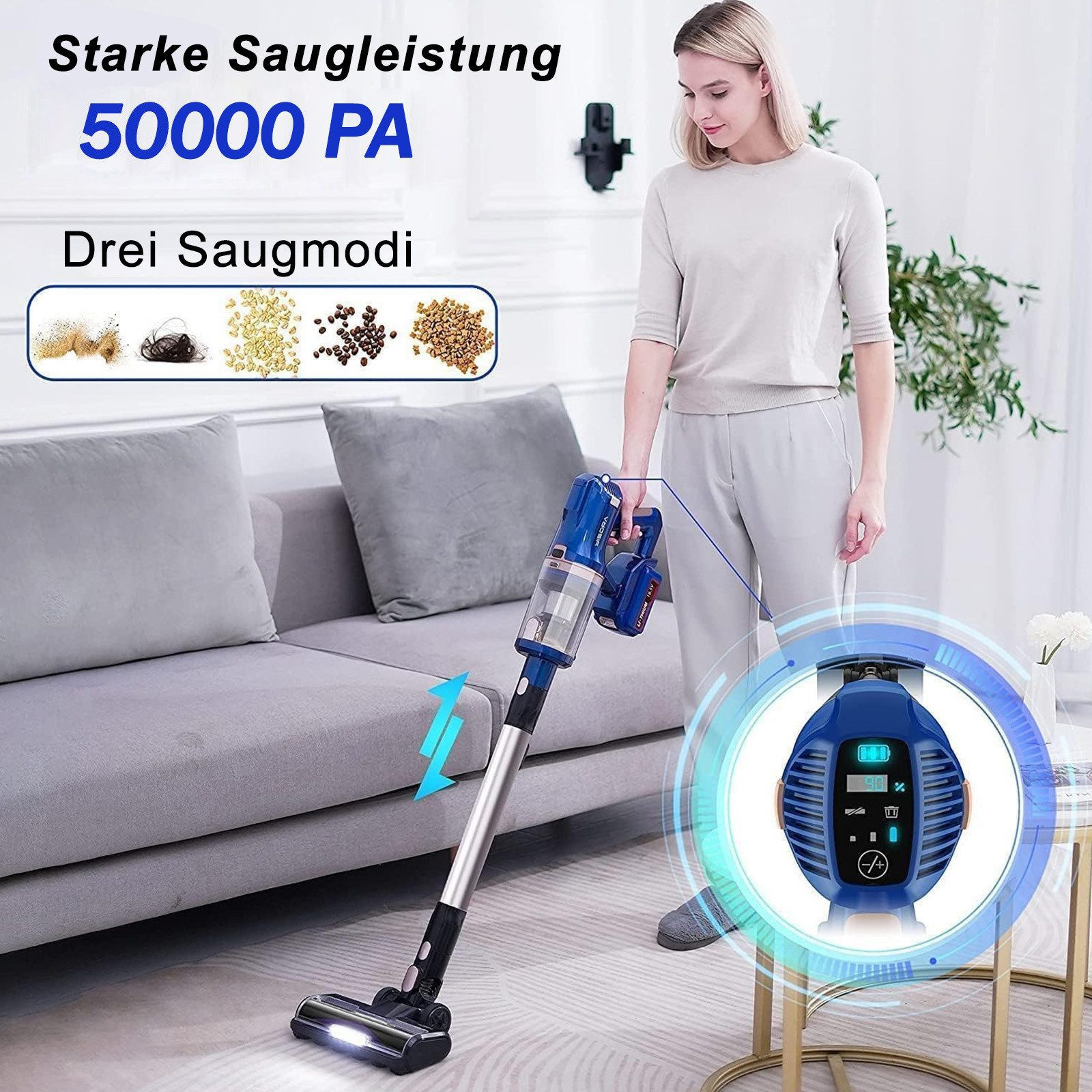 Blauer und silberner Staubsauger mit Digitalanzeige und verschiedenen Reinigungsoptionen. Text: 50000 PA und drei Saugmodi.