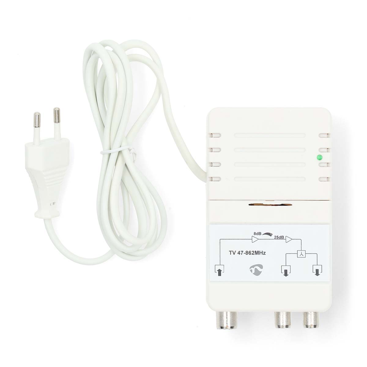 Un amplificatore di segnale TV bianco con cavi e spine su sfondo bianco.
