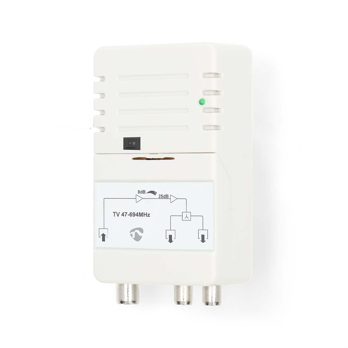 Amplificatore di segnale TV bianco con tre connettori e un indicatore di alimentazione, isolato su sfondo bianco.