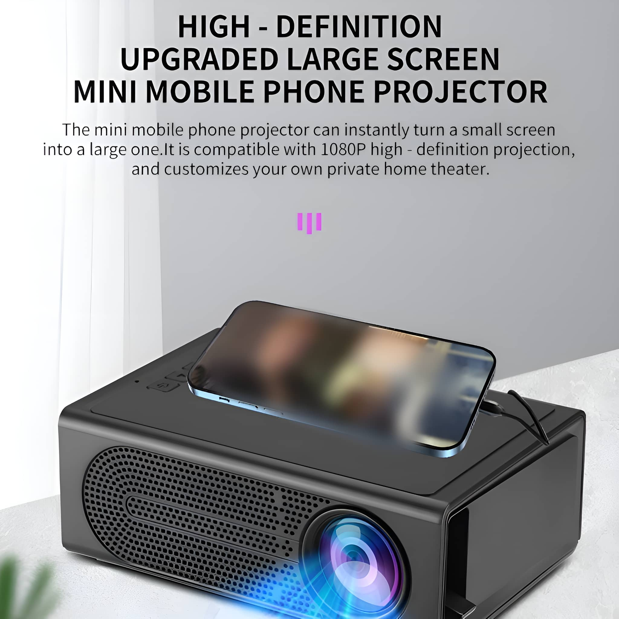 Schwarzer Projektor mit einem Telefon oben drauf. Text: HOCHAUFLÖSENDE, AUFGERÜSTETE GROSSE BILD-MINI-HANDY-PROJEKTOR.