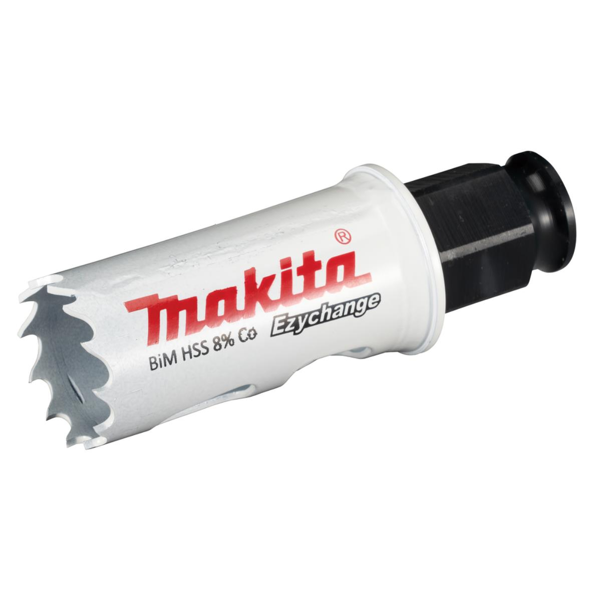 Makita Lochsäge. Silberne, weiße und rote Marken. Sägezähne am Ende.