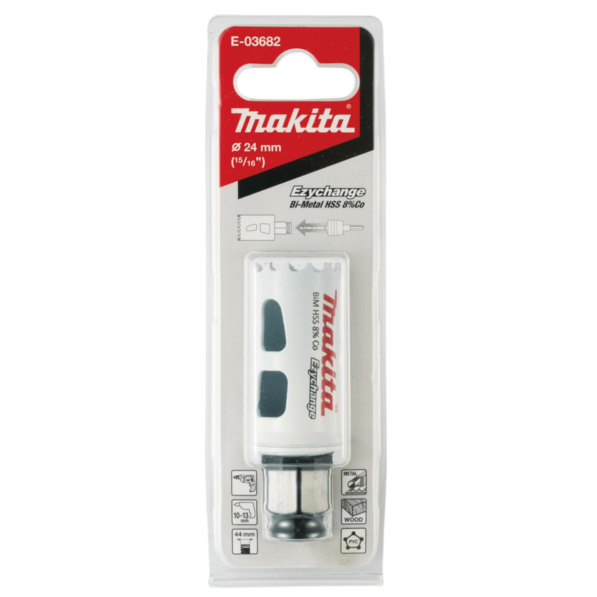 Makita Lochsäge-Verpackung. Die Säge ist silber und schwarz, in einer Kunststoffverpackung.