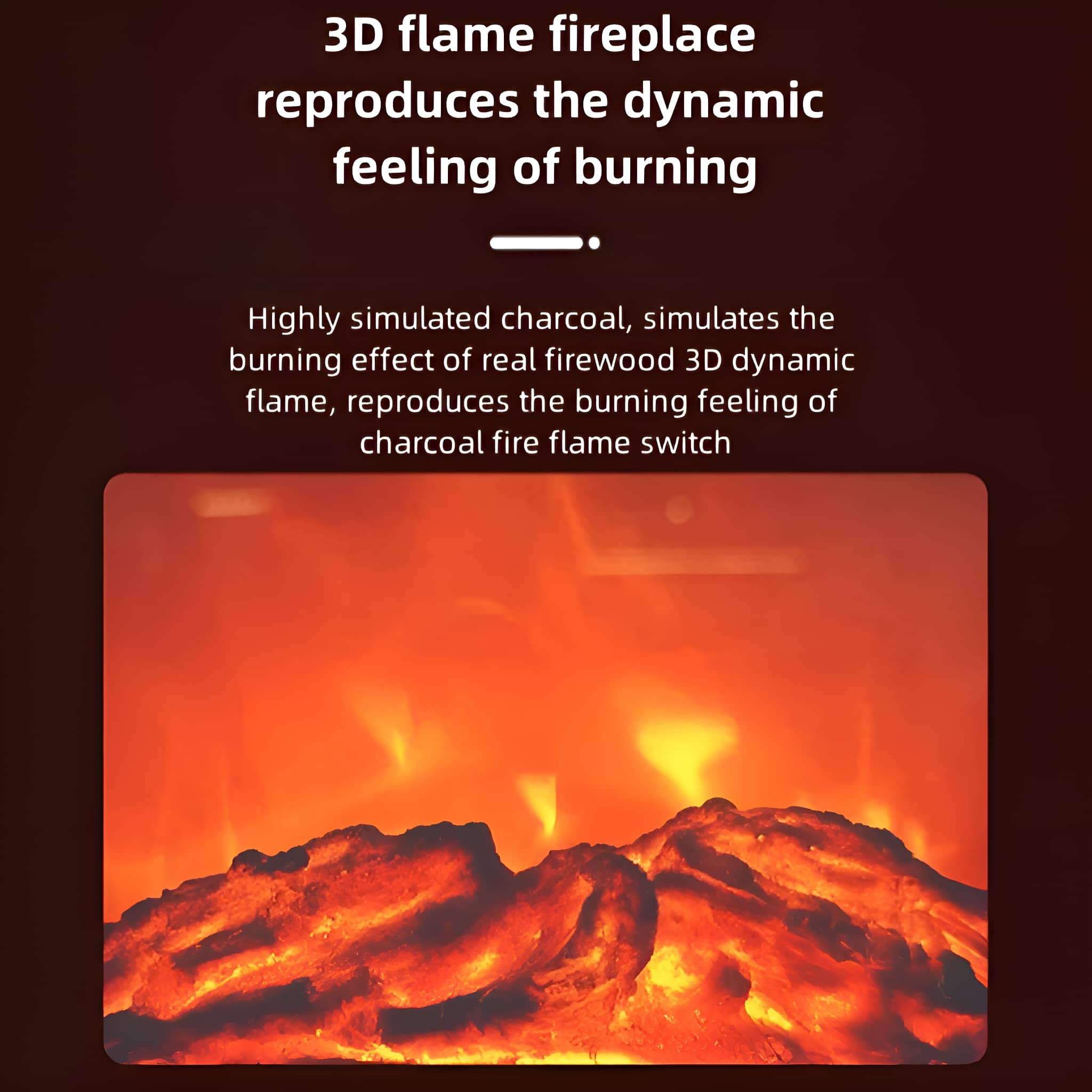 Ein simulierter Kamin mit orangefarbenen Flammen und dunkler Holzkohle, der einen dynamischen Brenneffekt vor dunklem Hintergrund erzeugt.