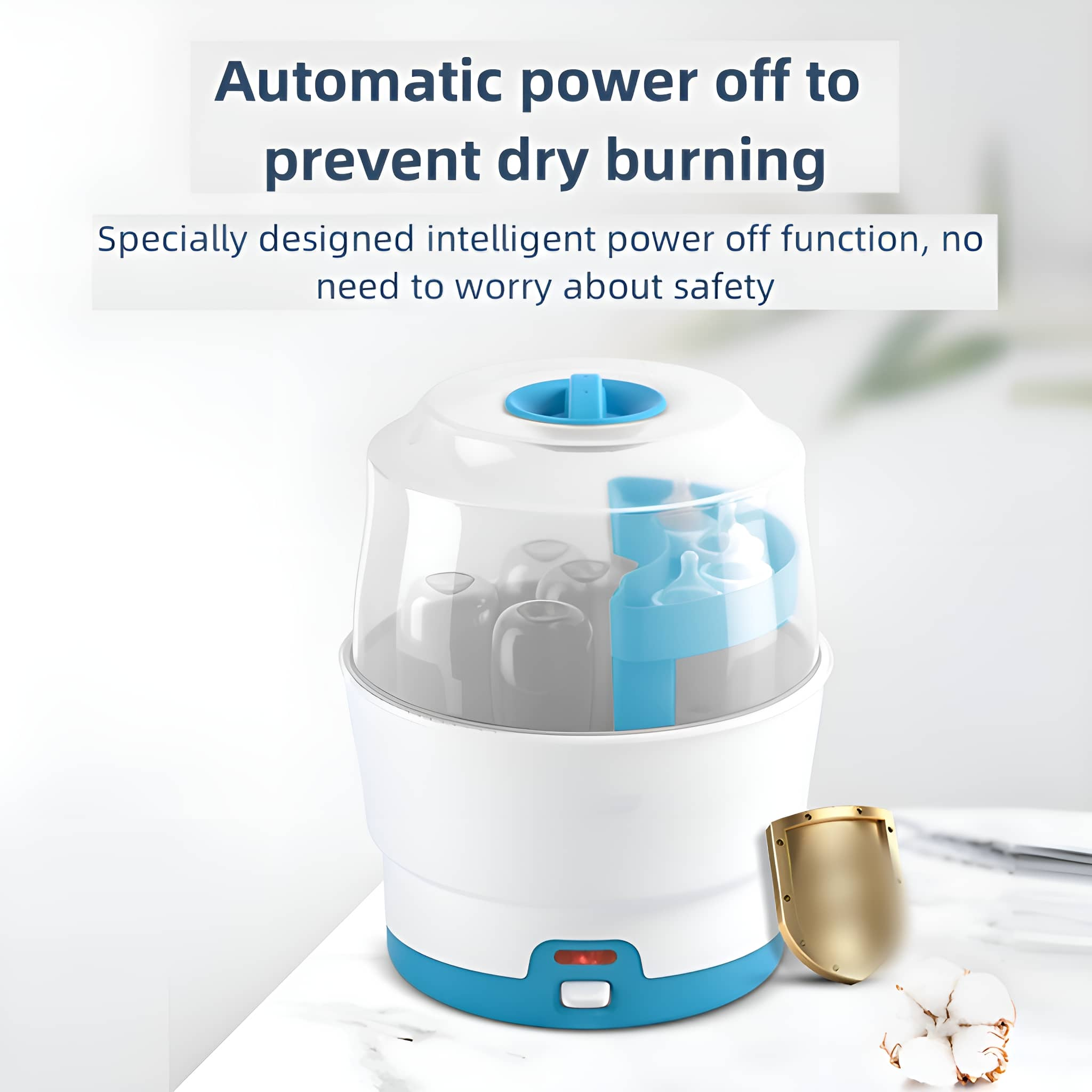 Weiß-blauer Babyflaschensterilisator mit transparentem Deckel. Text: Automatisches Ausschalten, um Trockenverbrennung zu verhindern.