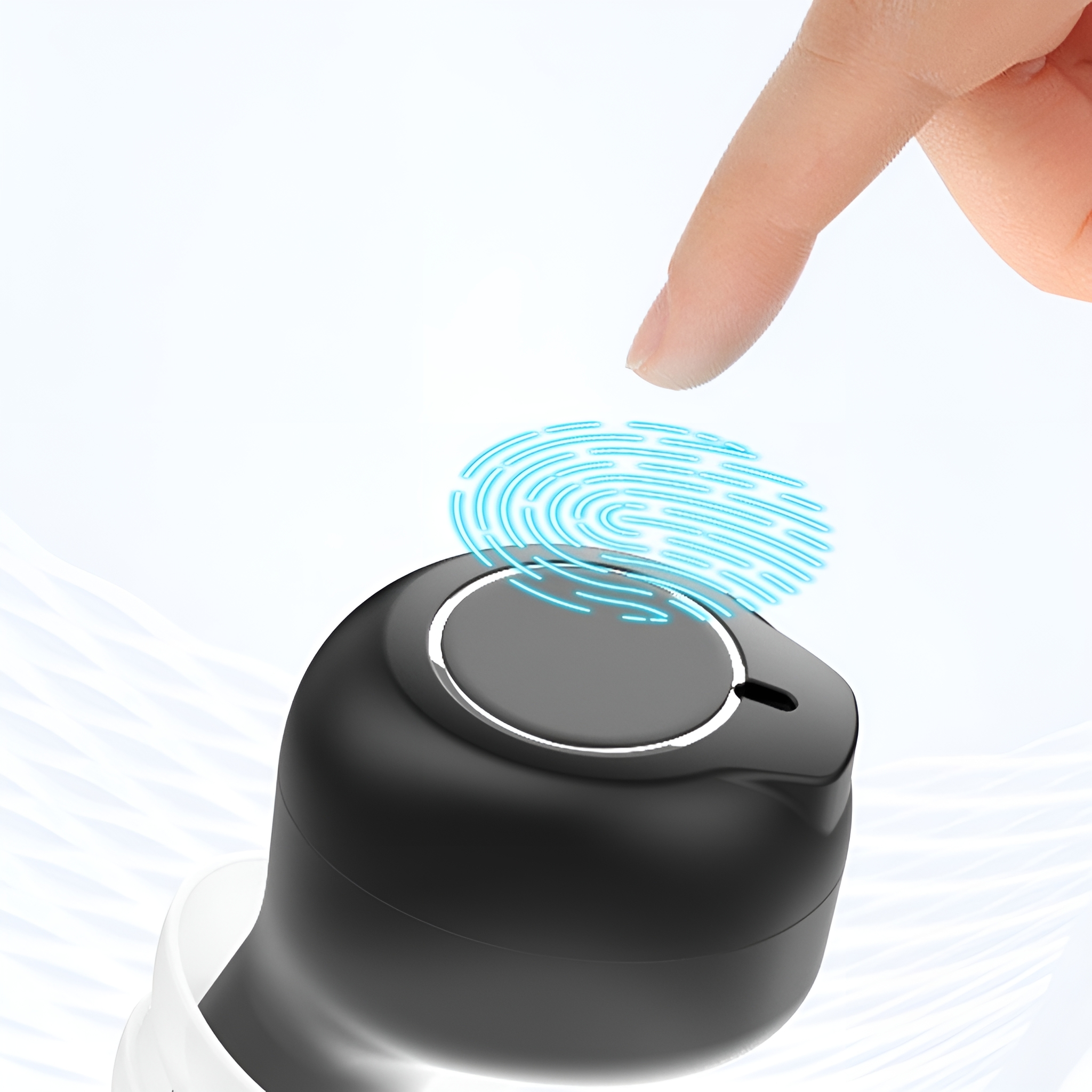 Ein Finger berührt einen schwarzen Ohrhörer mit einer blauen Fingerabdruckgrafik, auf weißem Hintergrund.
