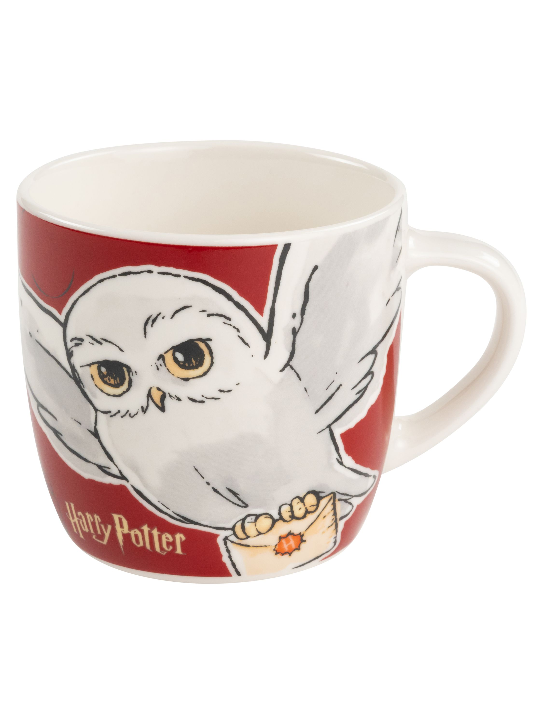 Weißer Becher mit Zeichnung von Hedwig, mit Harry Potter Logo und Brief.