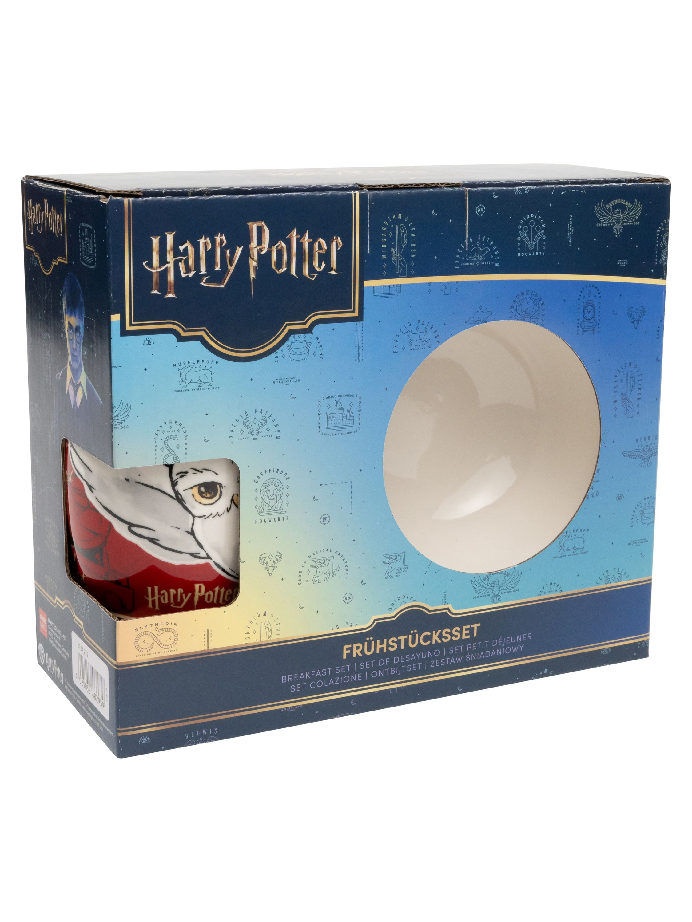 Harry Potter Frühstücksset mit Box, Becher und Schüssel.