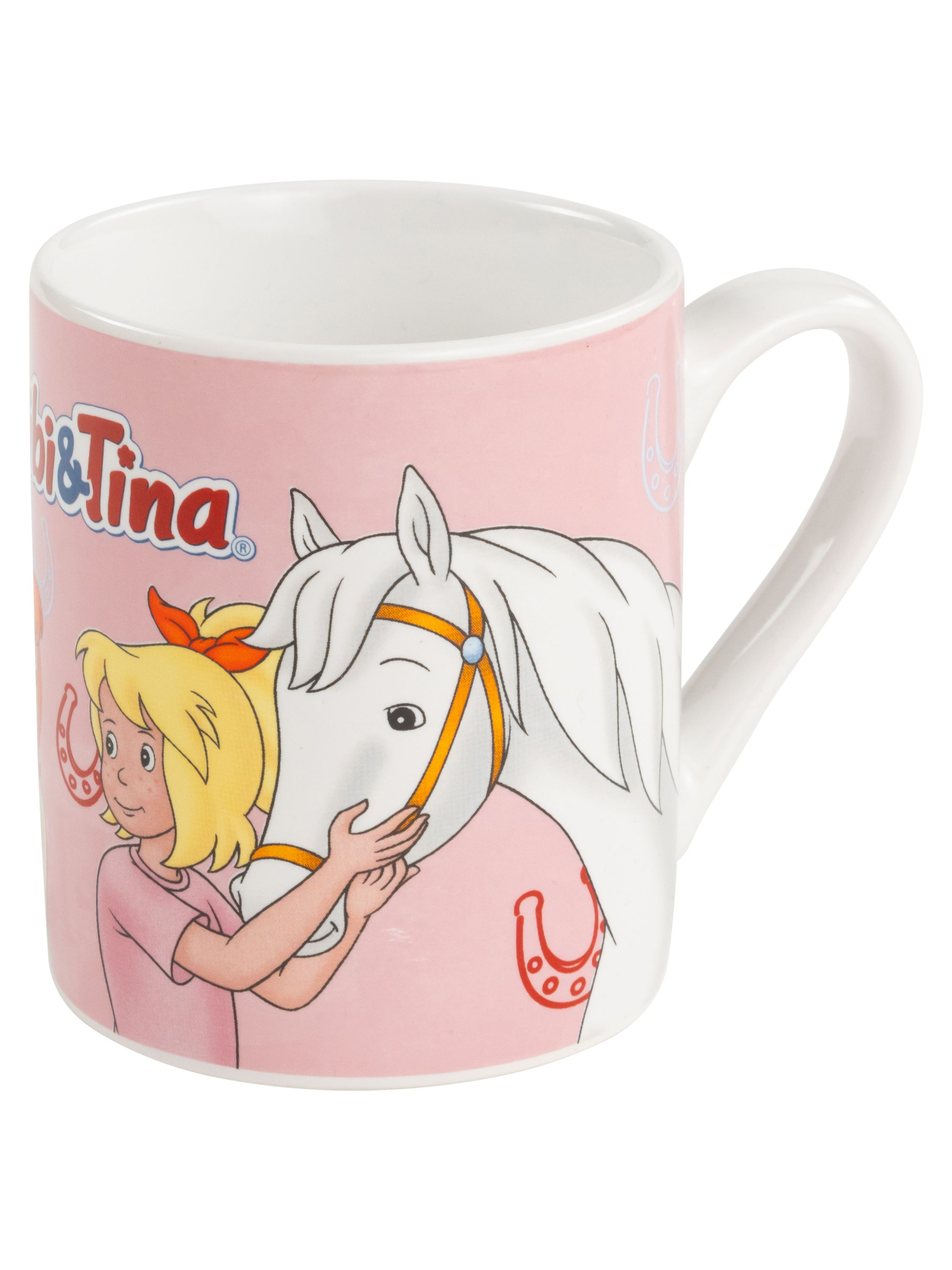 Rosa Tasse mit Cartoon-Mädchen, Pferd und Text "Bibi & Tina".
