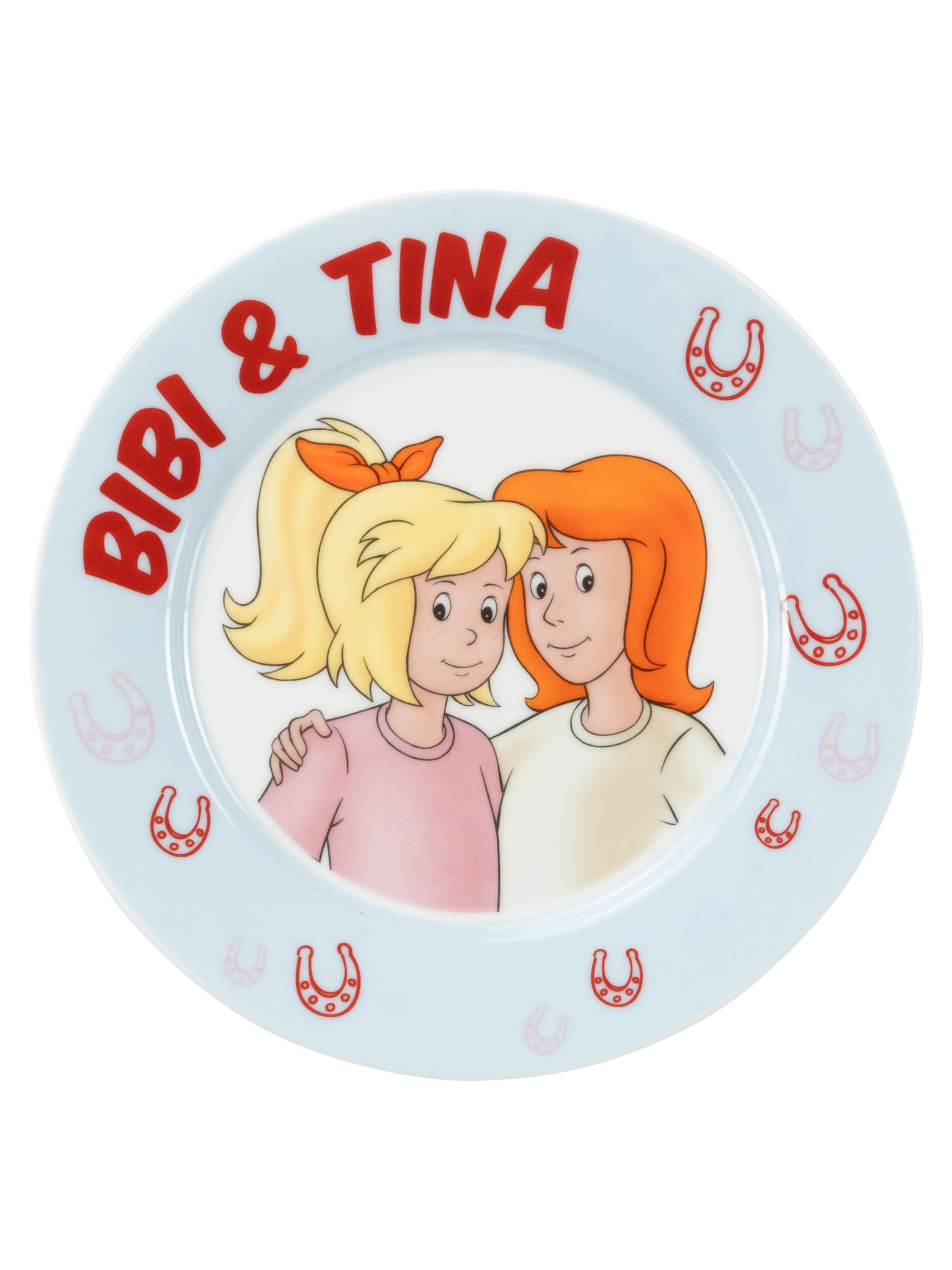 Ein Teller mit einem Cartoon-Bild von zwei Mädchen, mit den Worten 'Bibi & Tina' in Rot.