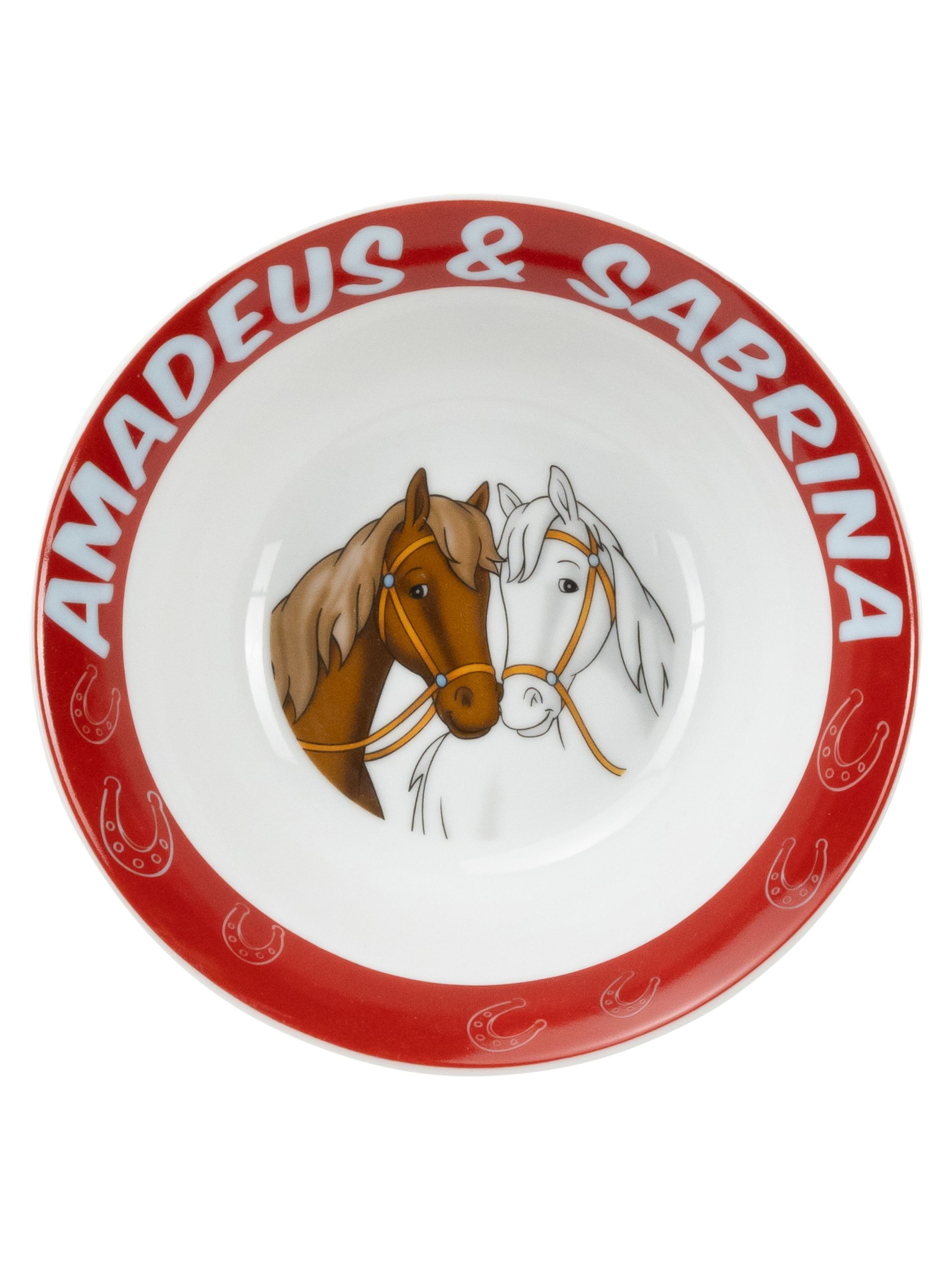 Eine weiß-rote Schüssel mit Pferde-Design und den Worten 'Amadeus & Sabrina'.