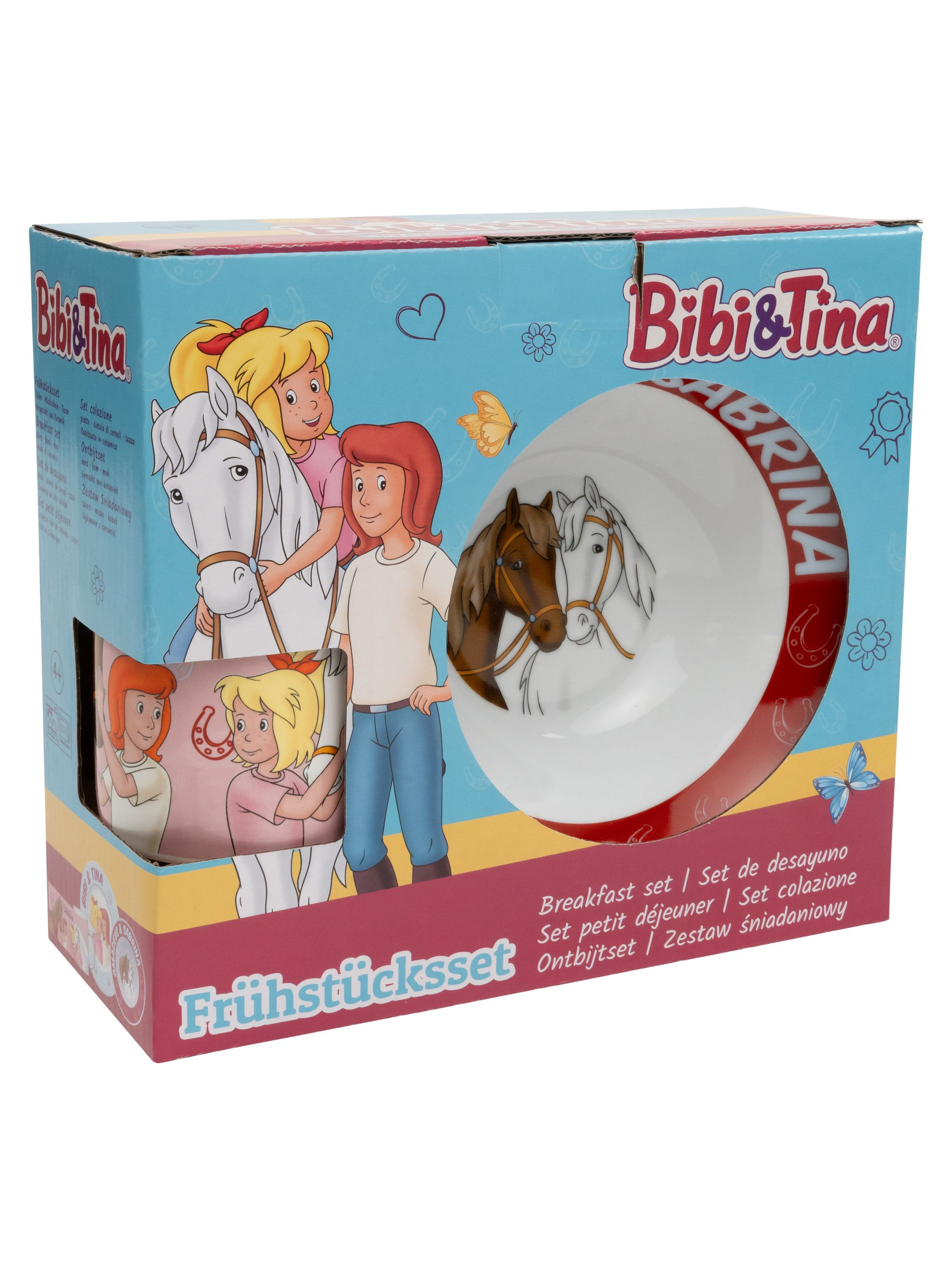 Bibi & Tina Frühstücks-Set-Box. Die Box zeigt die Figuren und Pferde mit dem Markennamen.