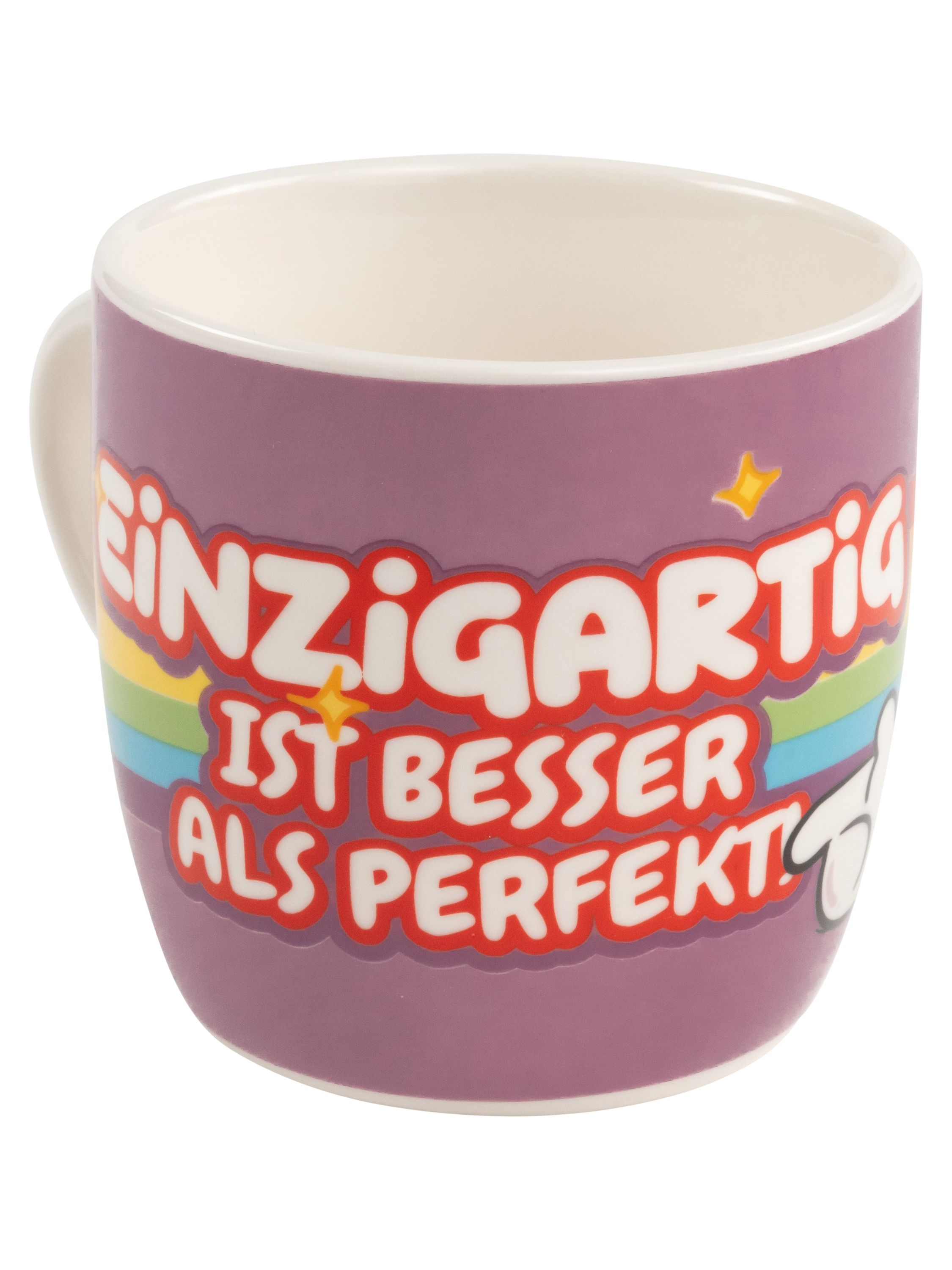 Ein lila Becher mit dem Text 'EINZIGARTIG IST BESSER ALS PERFEKT'.