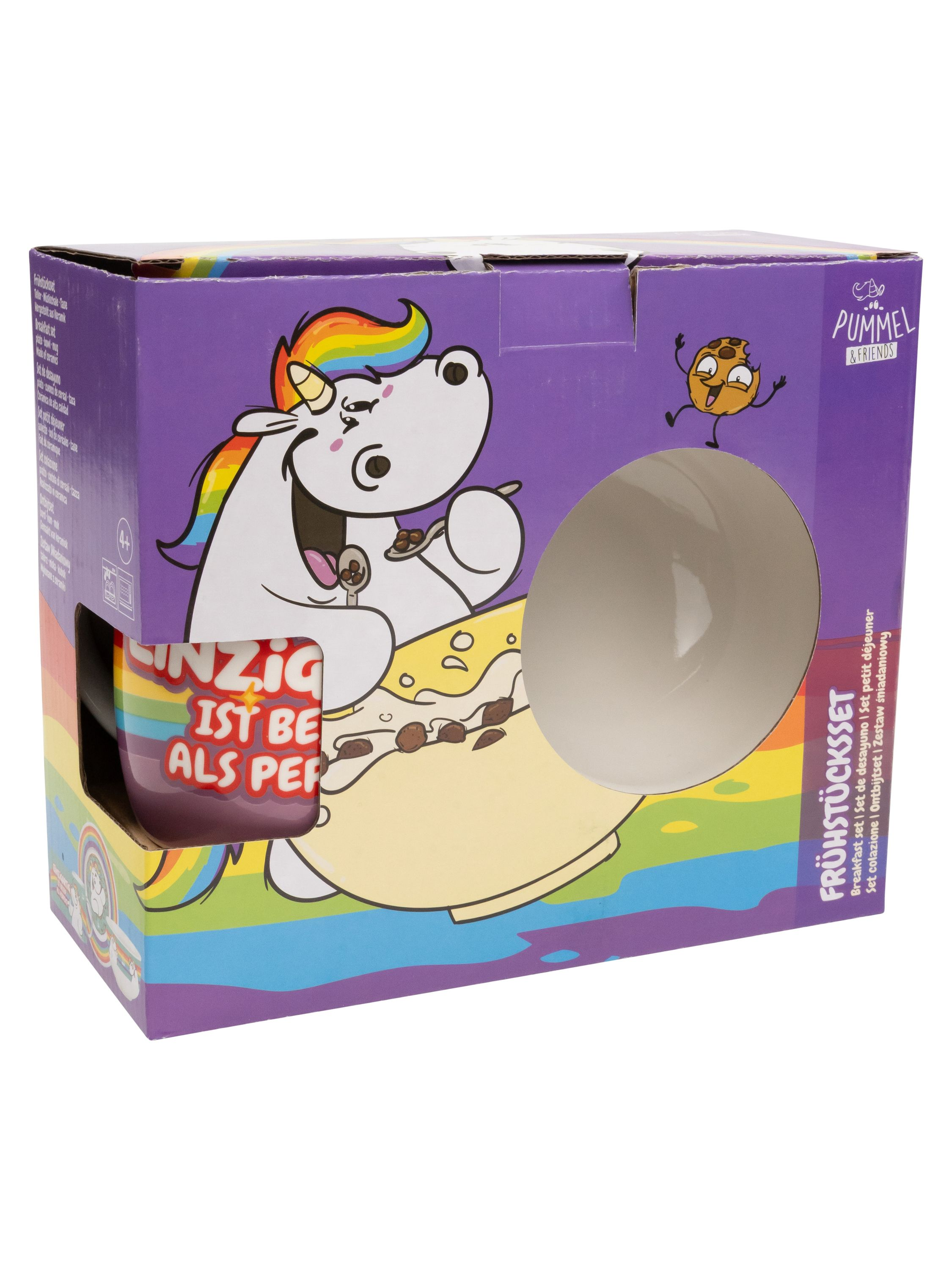 Eine Einhorn-Müsli-Box mit einer Schüssel und einem Cookie-Maskottchen auf weißem Grund.