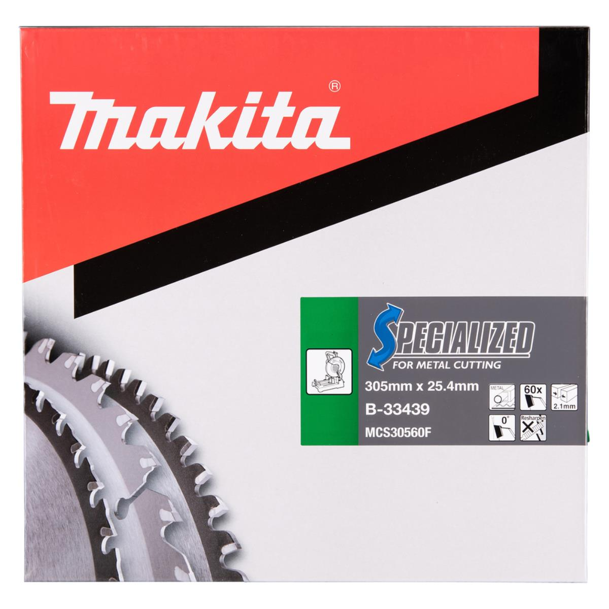 Eine Makita-Sägeblattbox, rot und weiß mit grünem Etikett, zeigt ein Sägeblatt.