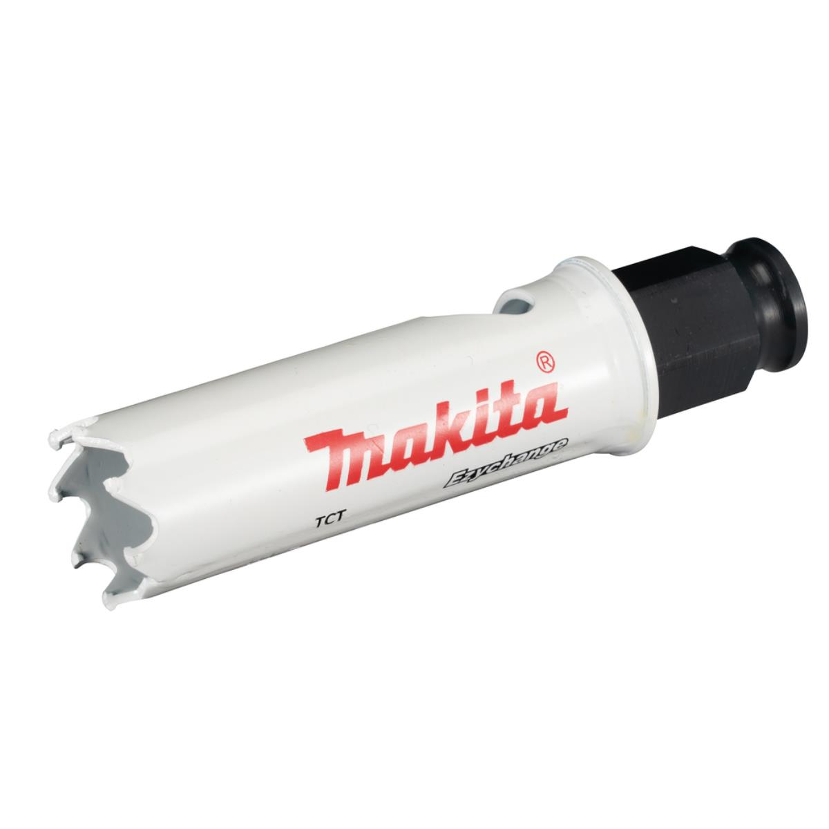 Eine weiße Makita Lochsäge mit schwarzem Ende. Der Text 'Makita' und 'TCT' ist sichtbar.