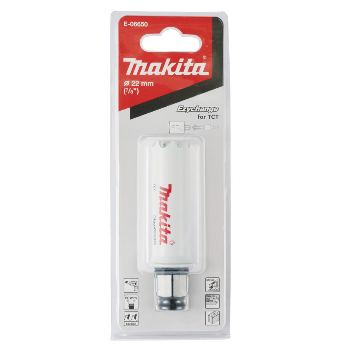 Makita Lochsägenverpackung, weiß und rot, mit Säge und Werkzeuginfos.