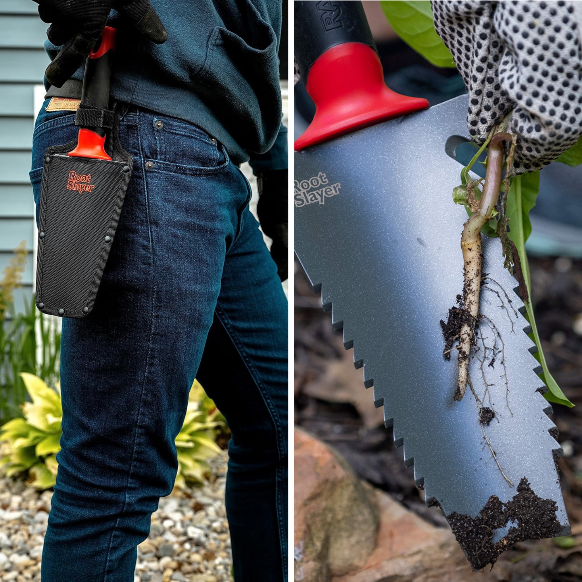 Eine Person in Jeans, die ein Root Slayer-Werkzeug benutzt.