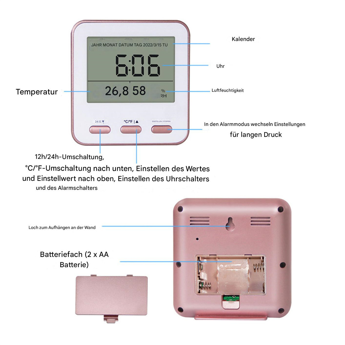Digitaluhr mit roségoldfarbenem Rahmen. Zeigt Zeit, Datum und Temperatur mit Luftfeuchtigkeit an.