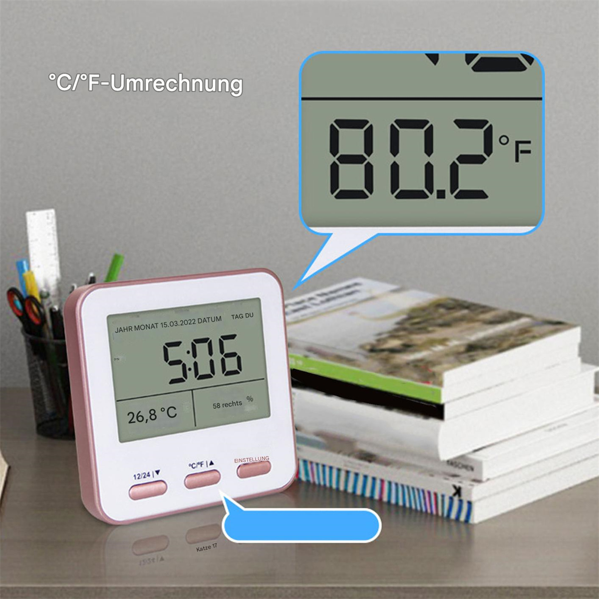 Eine Digitaluhr zeigt Uhrzeit und Temperatur. Eine Sprechblase zeigt die Temperatur in Fahrenheit.