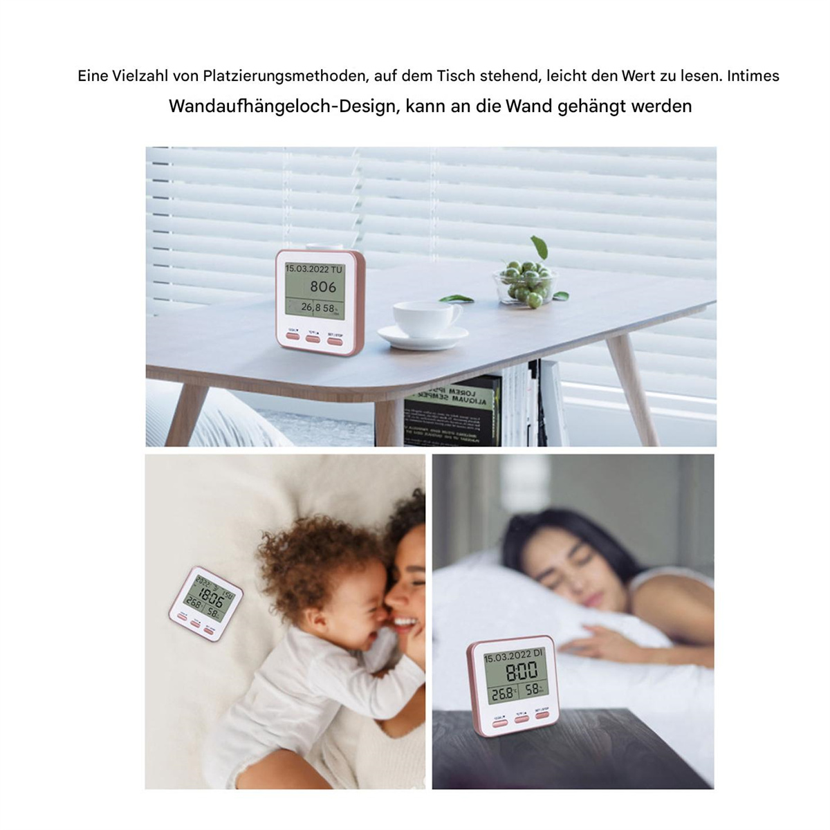 Eine Uhr in verschiedenen Umgebungen: auf einem Tisch, auf einem Bett und neben einer schlafenden Person.