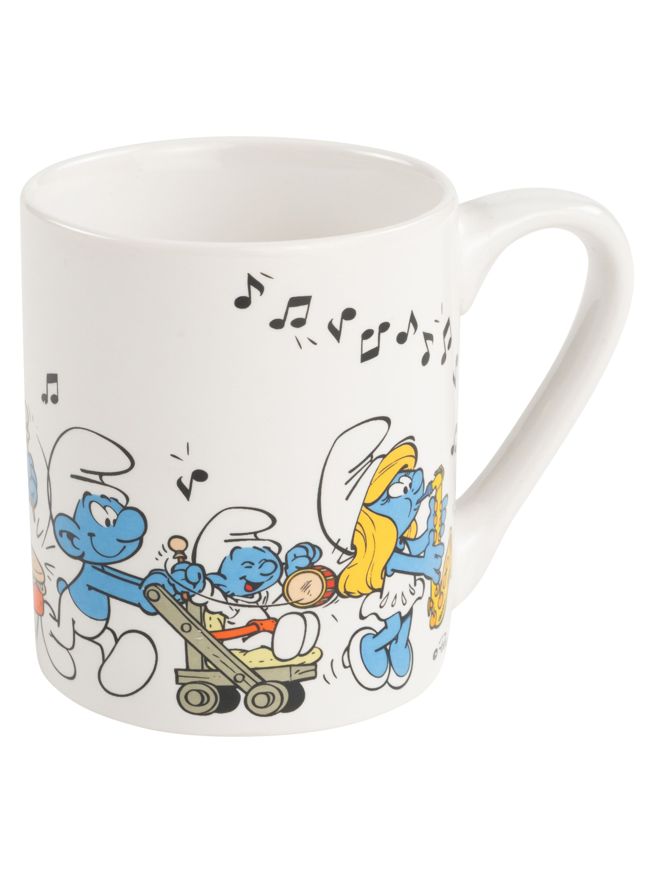 Weiße Schlümpfe-Tasse mit einer Schlümpfe-Band-Illustration. Weißer Hintergrund.